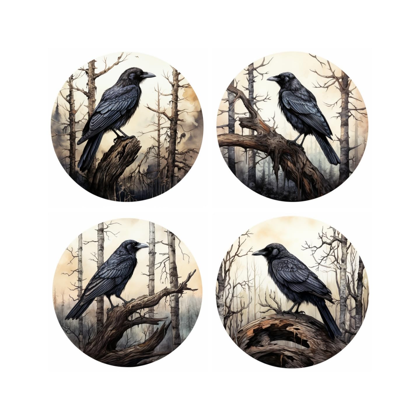 4 Pcs Black Raven Moon Ceramic Coasters for Drinks Absorbent Round Absorbent Table Drink Coaster with Cork Base Wine Glasses Coffee Cups Mugs Mat for