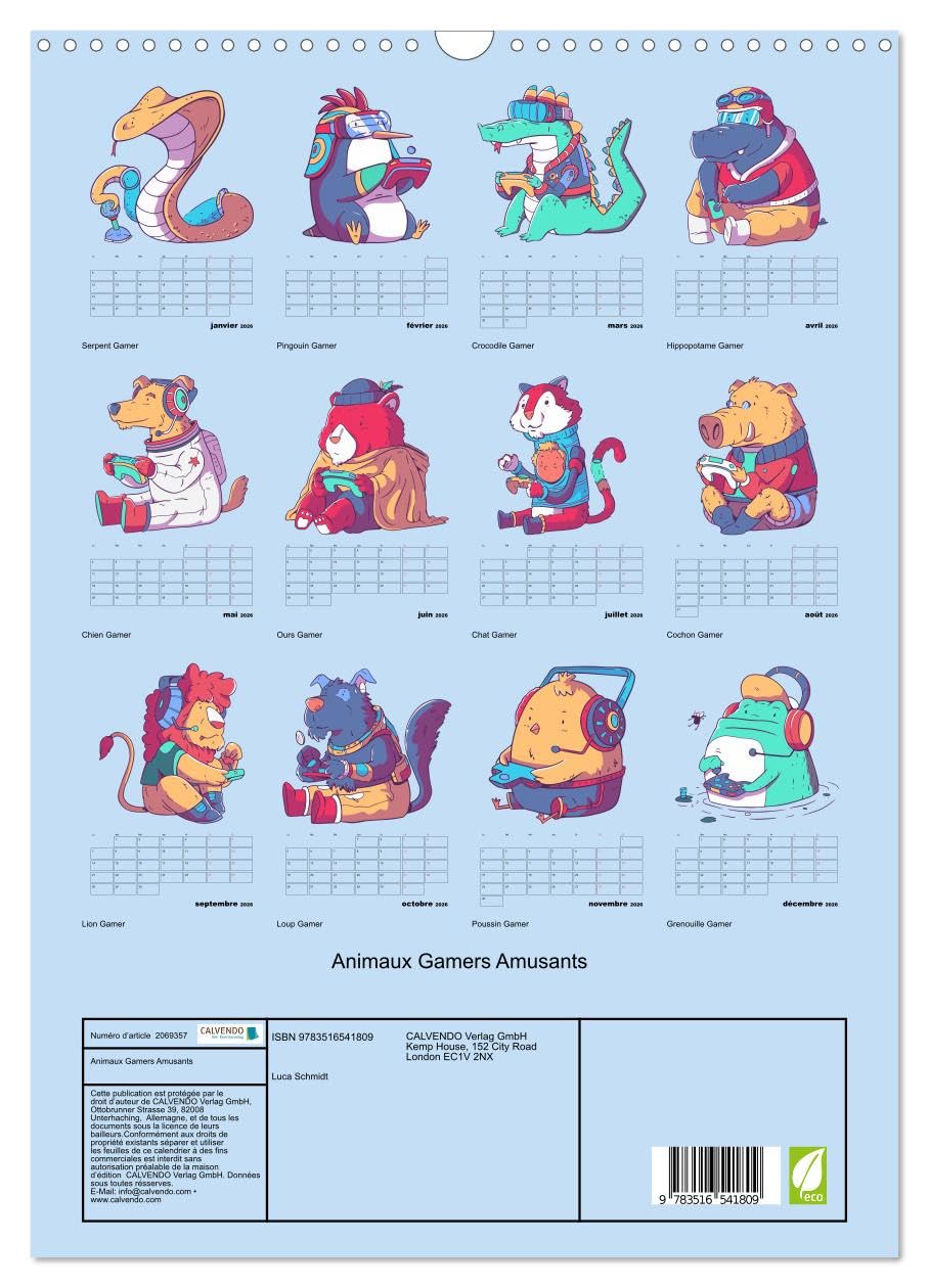 Calendrier 2026 · Animaux Gamers Amusants