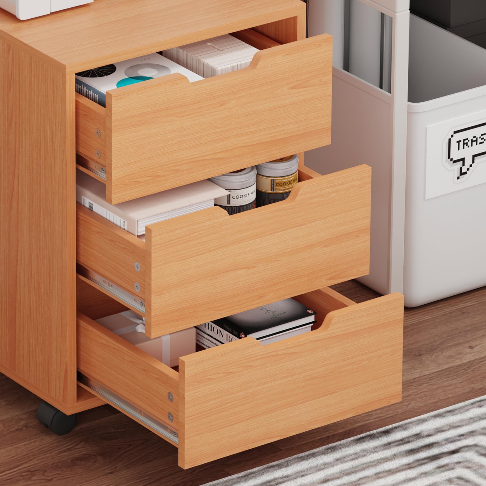 Rangement de Dossiers Mobile avec 3 Tiroirs, Caisson de Bureau en Bois, Meuble Rangement Bureau sur roulettes pour Documents, Caisson de Rangement pour Bureau à Domicile, non Verrouillable, Hêtre