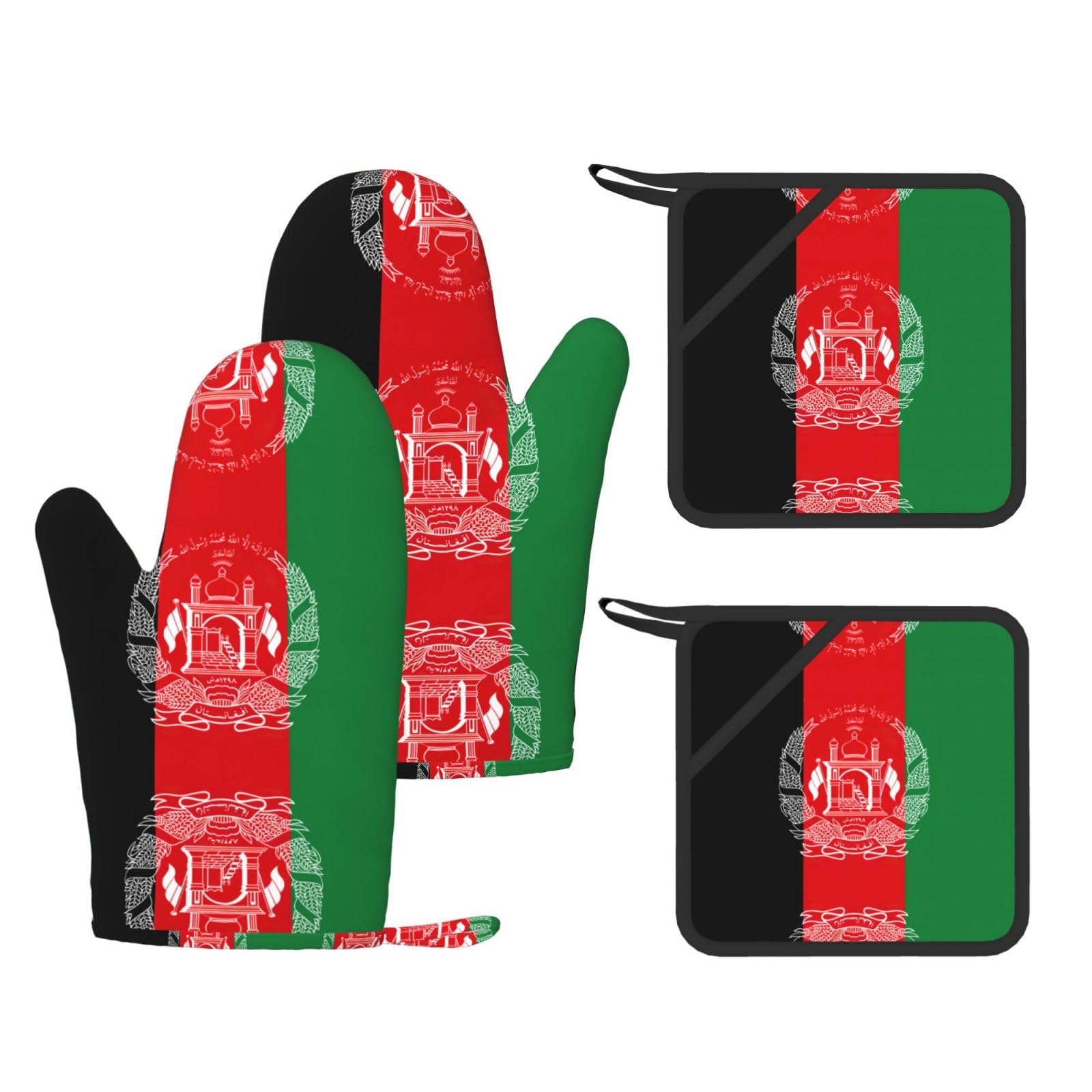 Flag of Afghanistan Printed Kitchen Oven Gloves and Potholder 4 Pcs, Non-Slip Heat Resistant Mitts for Baking Chef