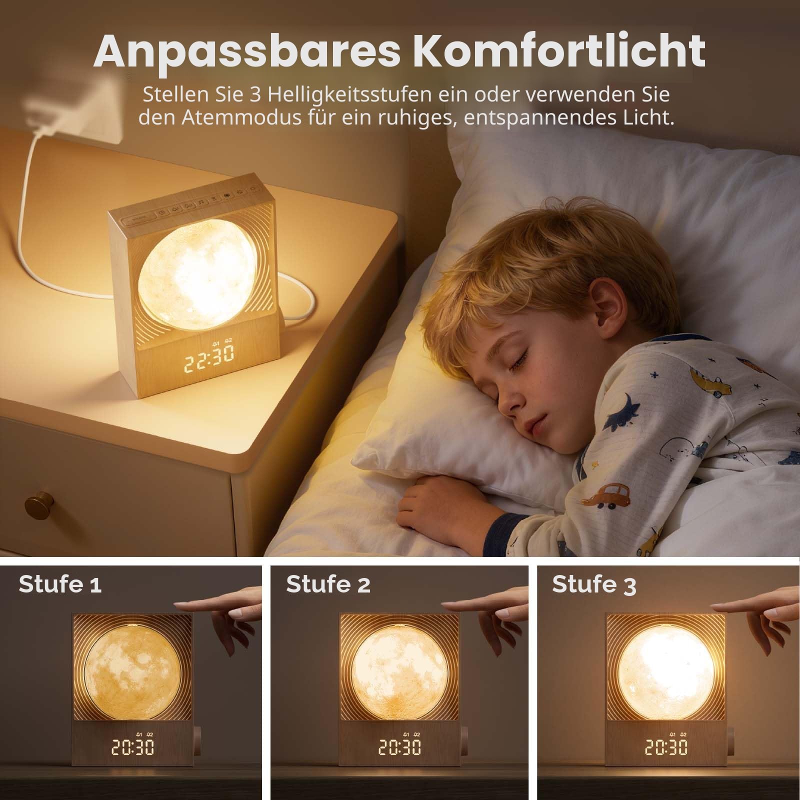RETEYUNG Rotierende Mondlampe mit Sonnenaufgangs-Wecker, Nachtlicht für Erwachsene und Kinder, 15 Wecktöne, RGB Beleuchtung, 10 Naturklänge, Geschenk für Jugendliche und Studenten