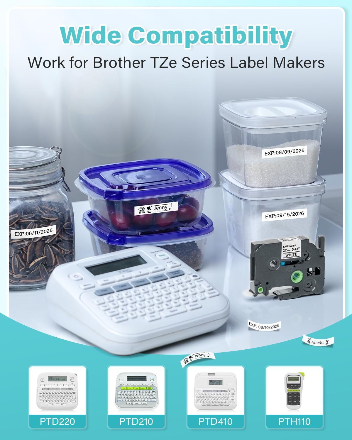 Label Maker Tape, TZe Tz Tape 12mm 0.47 Laminated White Replace for P Touch Label Tape TZe-231 1/2" Black on White TZE231 for Brother Ptouch PT-D220 D210 H110 D200 D400 1280 D600, 12mm x 8m, 6-Pack - Image 2