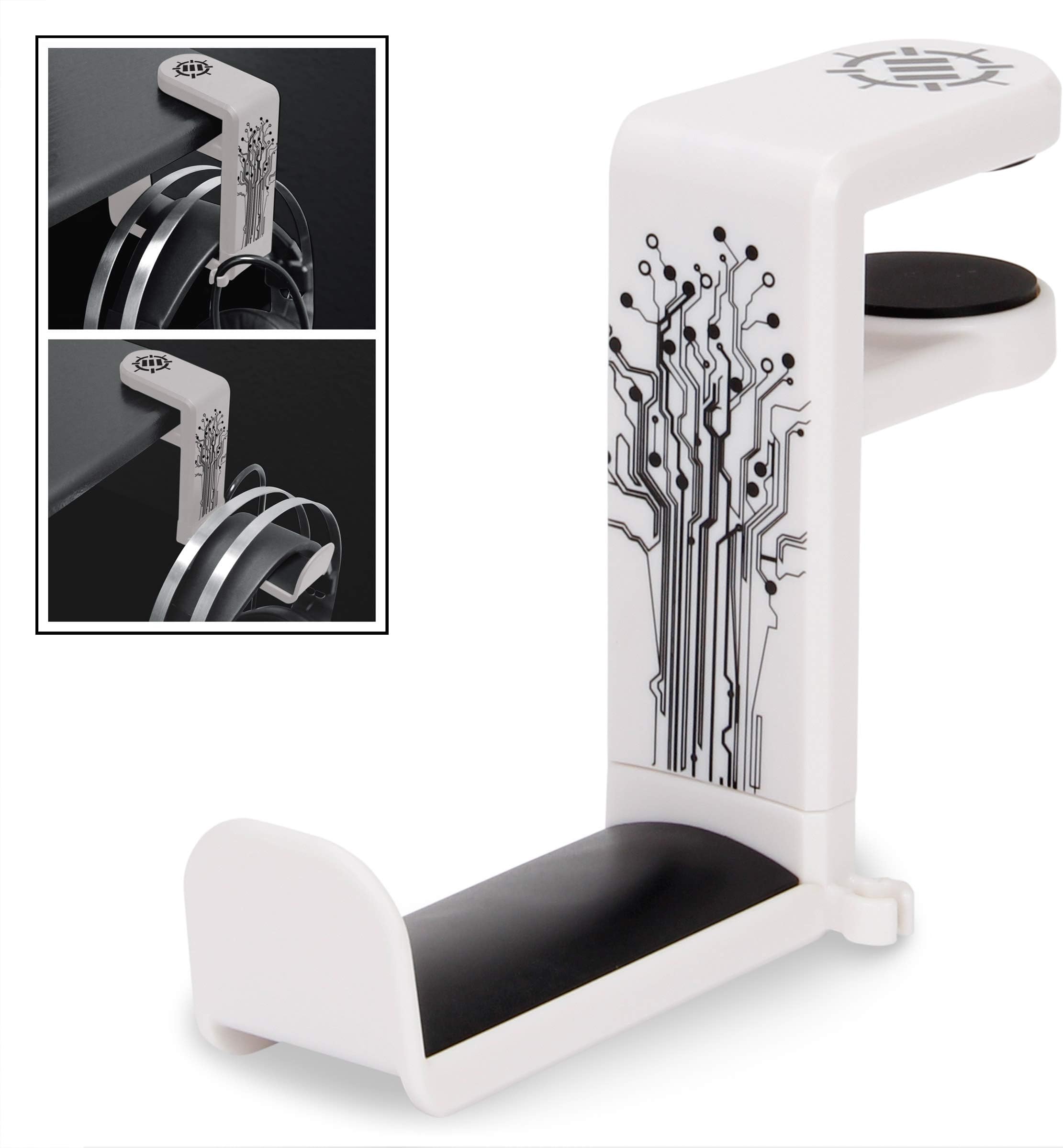 ENHANCE PC Gaming Headphone Holder - Desk Headphone Hanger Esports Headset Holder with Adjustable 360 Rotation, Under Desk Headphone Hook Clamp, Universal Fit - Built in Cable Clip Organizer - White