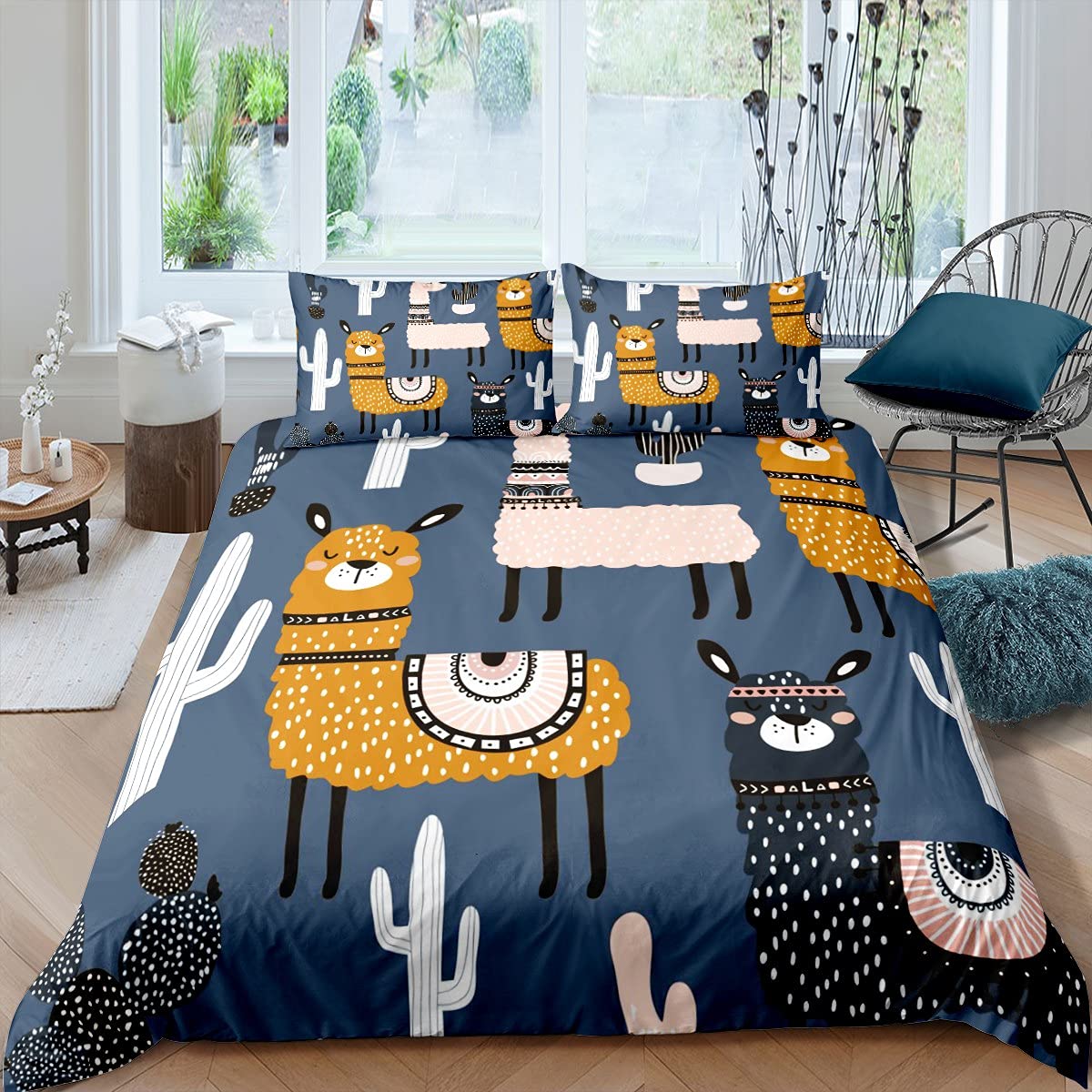 richhome Alpaca Kids Bedding Set 2 pieces, Lovely Alpaca Cactus Boho Cactus Drawing Comforter Cover for Boys Girls, Ultra Soft Bedspread Bedroom Decor Quilt Cover Single Size,Navy Blue โ image 1