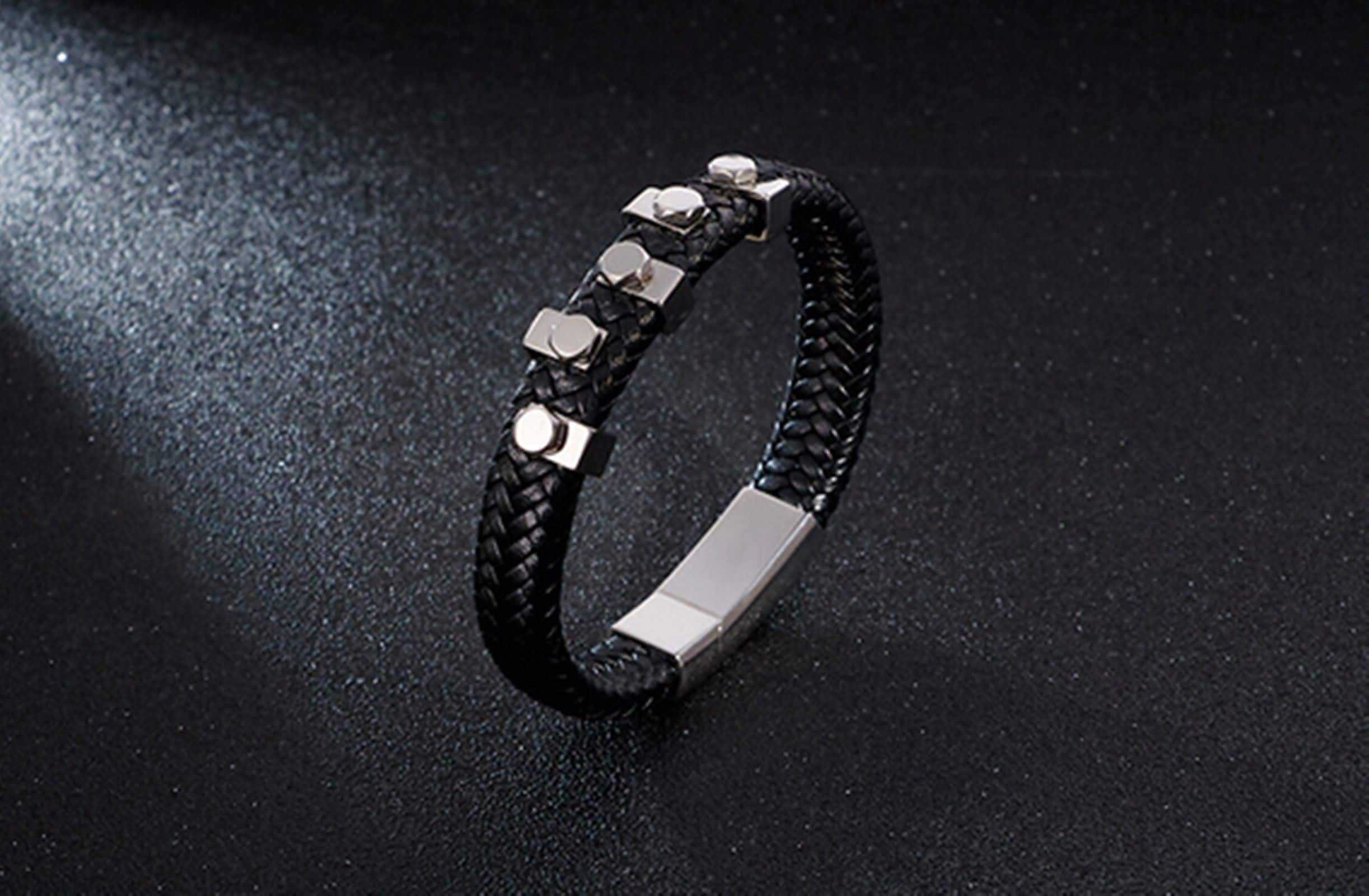 Daesar Pulseras para Hombre,Tejida Trenzada Pulsera de Hombre Cuero Negro/Plata/Oro