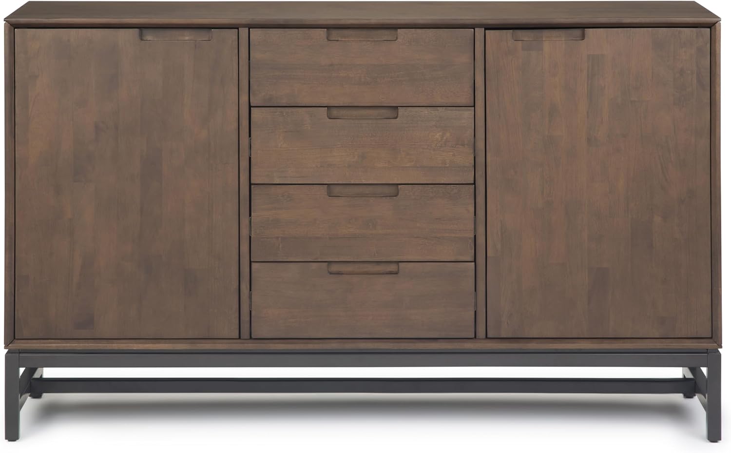 SIMPLIHOME Banting Buffet - 60 inch Wide Solid Wood 3-Door Sideboard Buffet in Walnut Brown, Industrial Storage Cabinet for Dining Room or Kitchen with Center Drawers and Metal Base