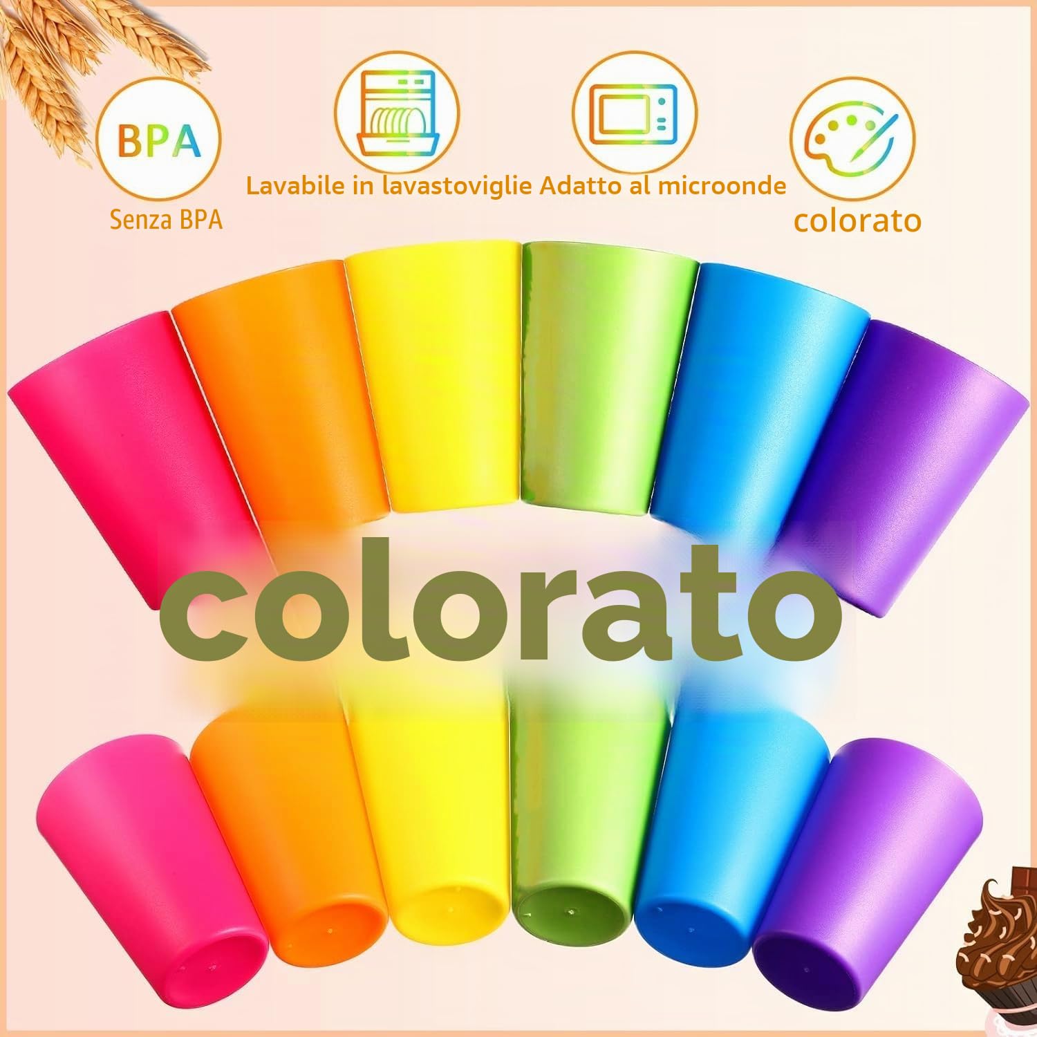 KAHEIGN 36 Pezzi Bicchieri di Plastica Riutilizzabili, 250ml Tazza di Plastica per Bambini per Cucina All'aperto Parti Picnic Barbecue Viaggi (6 Colori Vivaci)