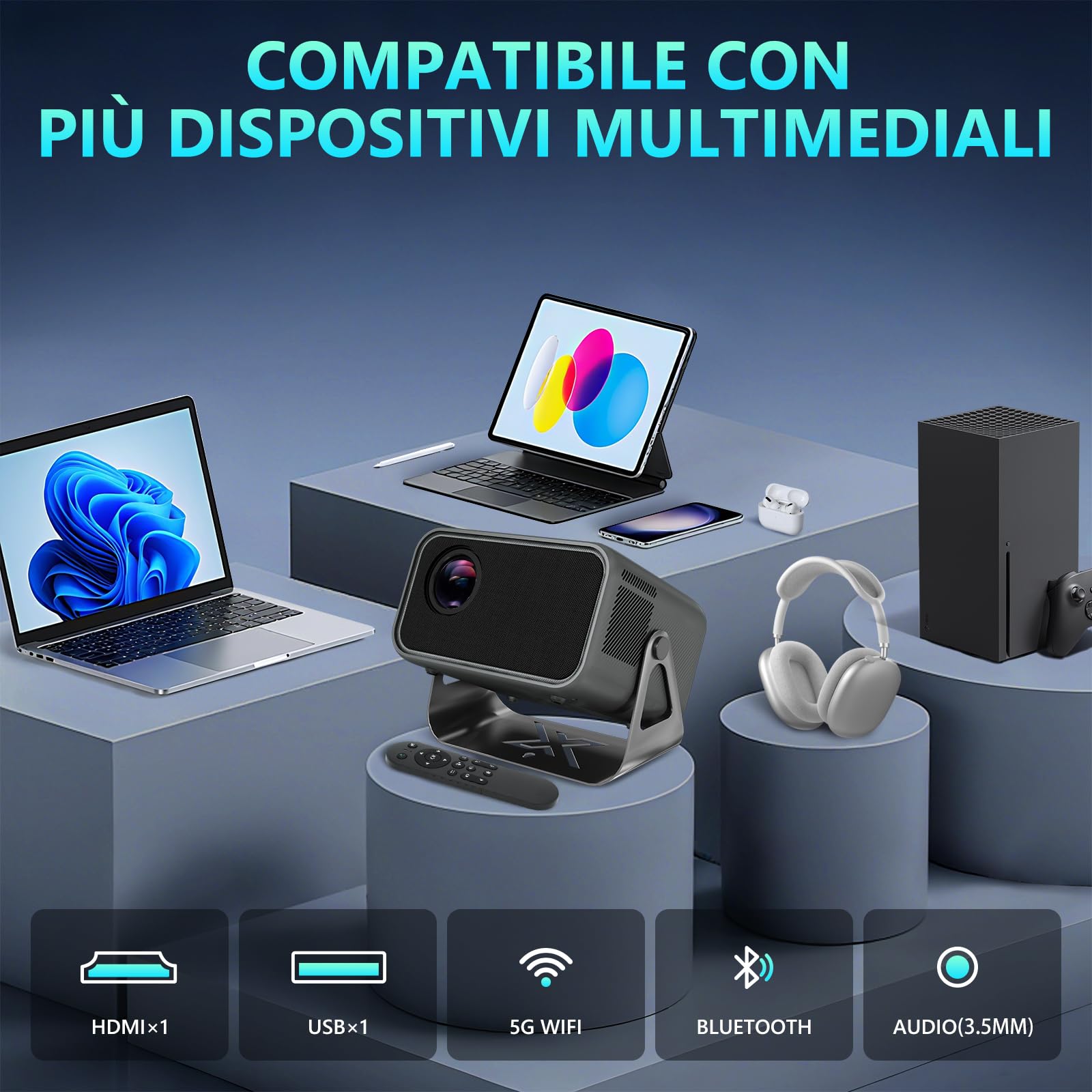 Videoproiettore 4K 500 ANSI Lumen, 1080P Nativo, Proiettore 4K Smart TV con Messa a Fuoco Automatica, Correzione Trapezoidale, WiFi 6, Bluetooth 5.0, Videoproiettore per Casa e Camera da Letto