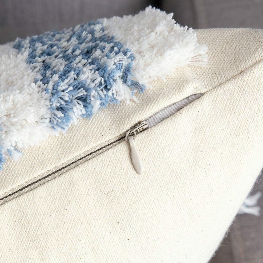 MIULEE Boho Decorative Throw Pillow Cover Tufted Woven Tribal Pillowcase with Tassels Farmhouse Square Pillow Case Modern Outdoor for Sofa Cushion Couch Bedroom Living Room 16x16 Inch Light Blue