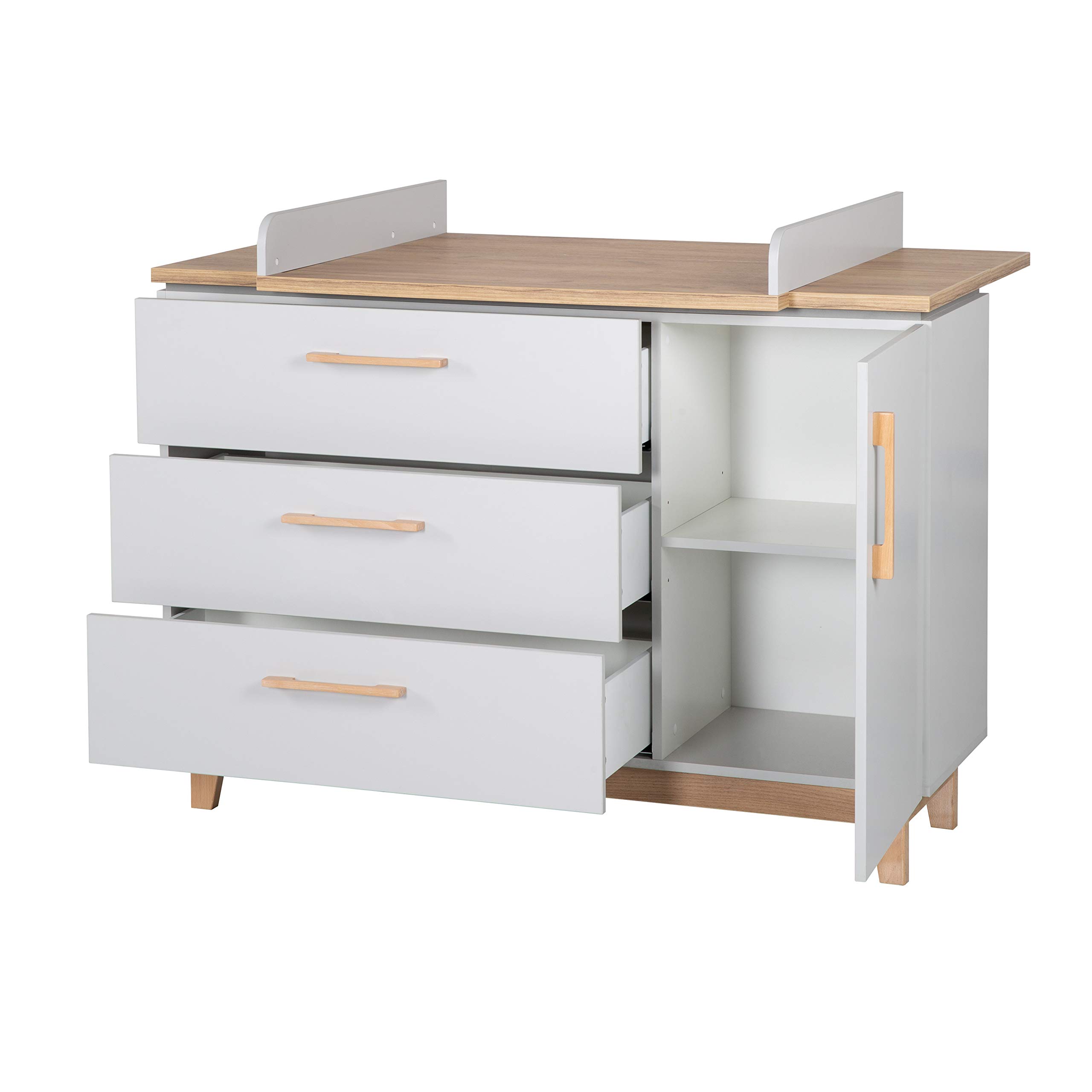 roba Fasciatoio con Cassettiera "Caro", con Sistema Soft-Close, 1 Vano con Anta, 3 Cassetti, 104 x 135 cm, Grigio/Legno Naturale