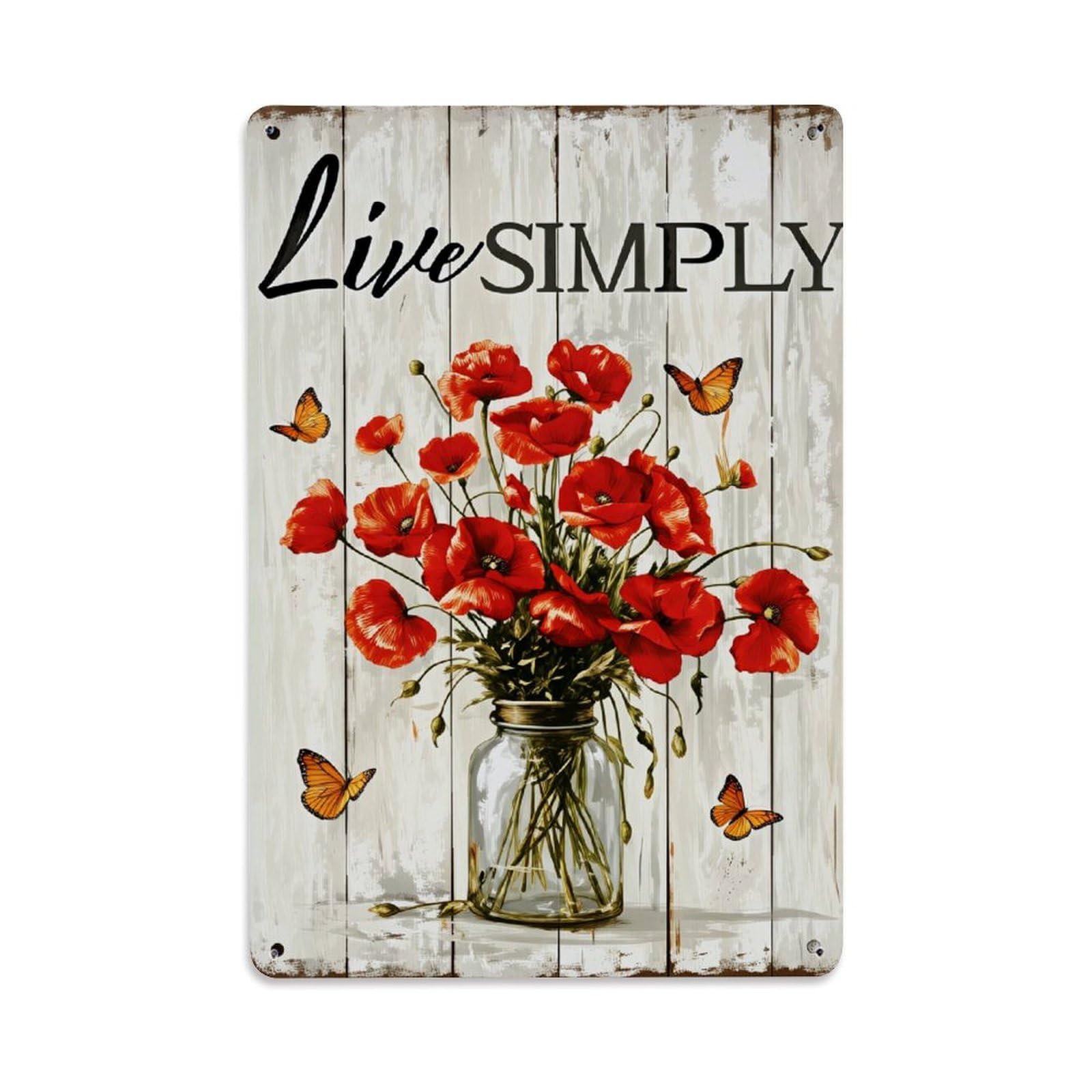 Enderetf Vintage Live Simply Poppies Butterflies Jar Tin Sign Metal Poster, Home Bar Garage Man Cave Cafe Indoor & Outdoor Wall Decoration 8X12inches