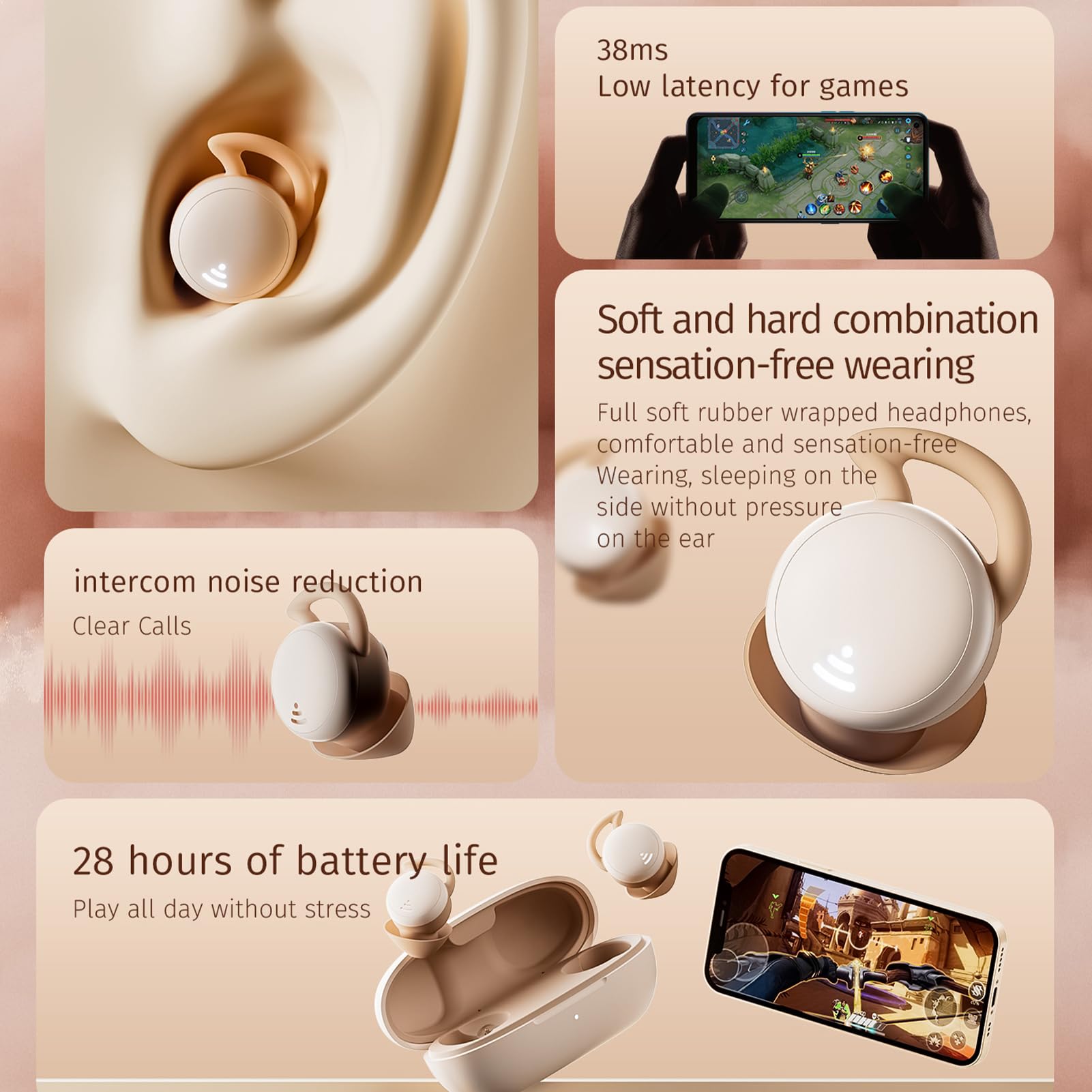 Xmenha Mini Écouteurs Bluetooth de Sommeil pour Les dormeurs de Petits Oreilles Casque sans Fil Intra-Auriculaires Bluetooth 5.3 à Réduction de Bruit HiFi Stéreo avec Microphone Beige