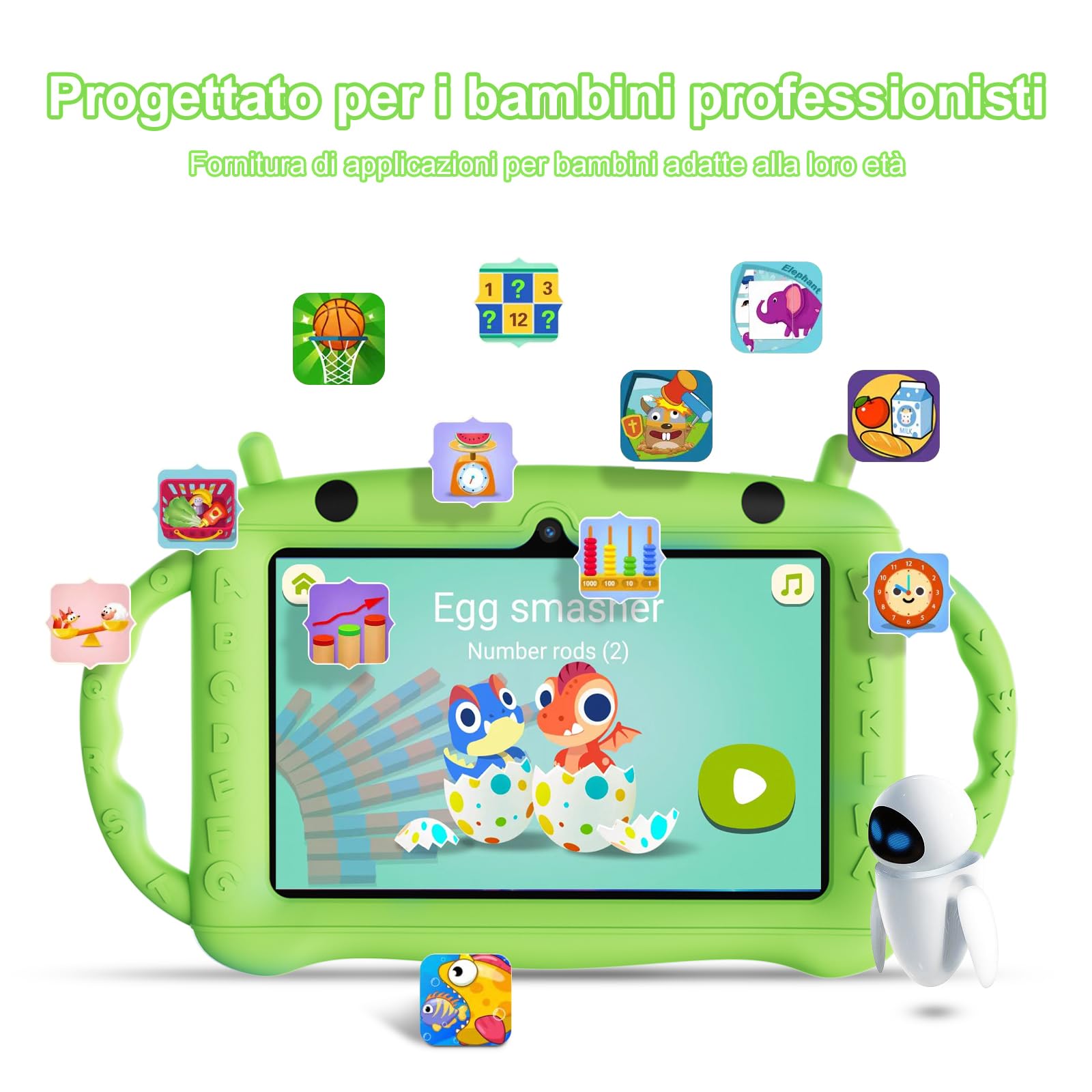 Tablet Bambini 7 pollici Android 12, 2+32 GB (128 TF), Kids Tablet con Controllo Genitori, Doppia Fotocamera, Bluetooth, WiFi, Custodia Protettiva, APP bambini, YouTube (Verde)