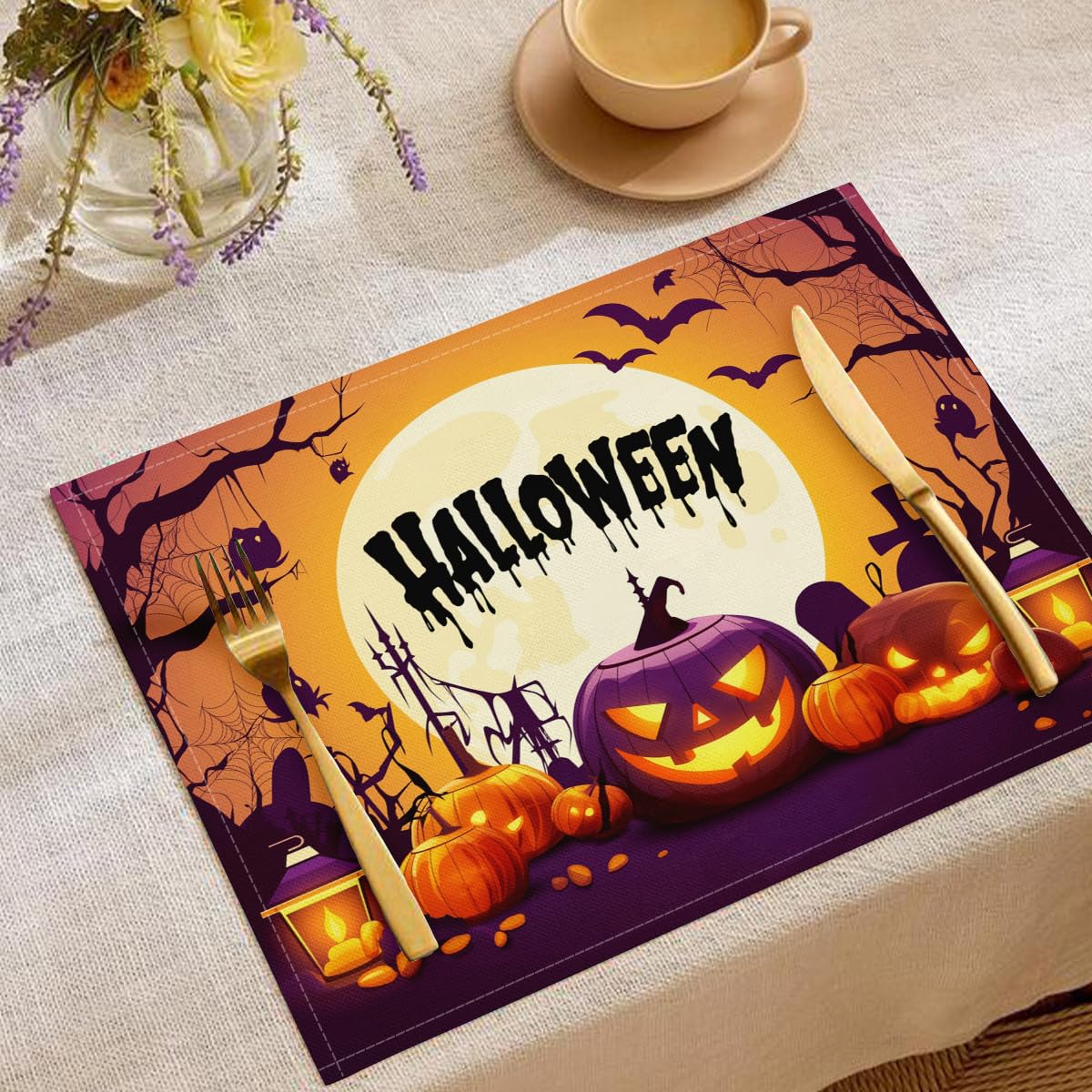 Sets de table Halloween lavables 45 x 30 cm orange foncé avec citrouilles et toiles d'araignées