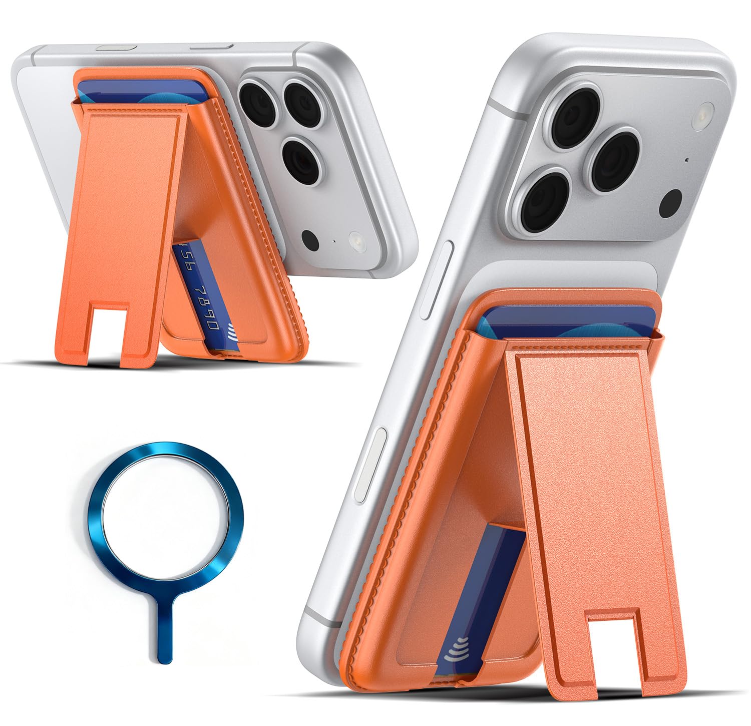 Magnetic Wallet for iPhone, Samsung, Google, Mganetic Card Holder with Adjustable Stand, RFID Blocking, Slim Leather Mag-Safe Wallet for iPhone 17/16/15/14/13/12 Series, orange, Modern-image-8