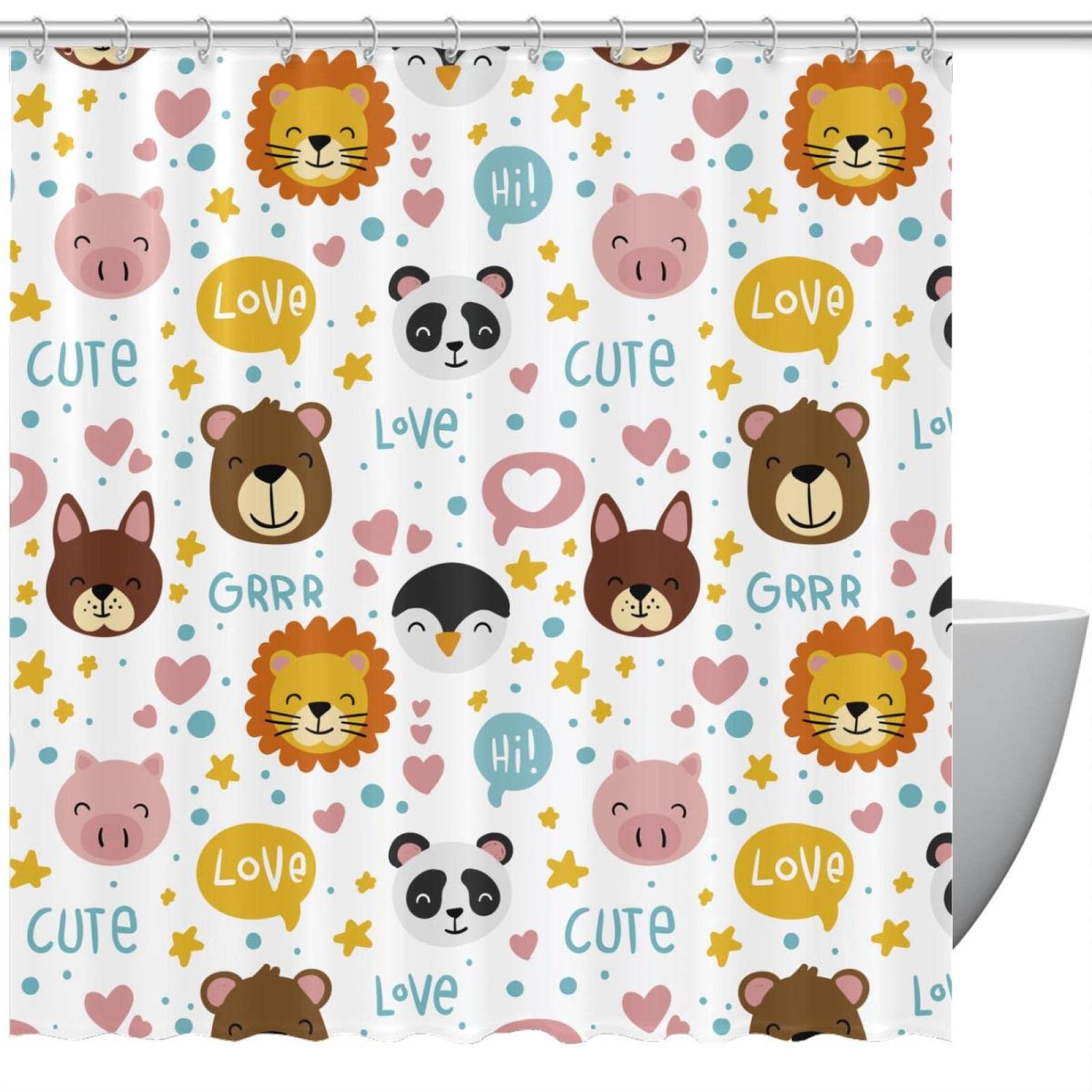 Rideau de douche animaux adorables pour salle de bain 168x183 cm