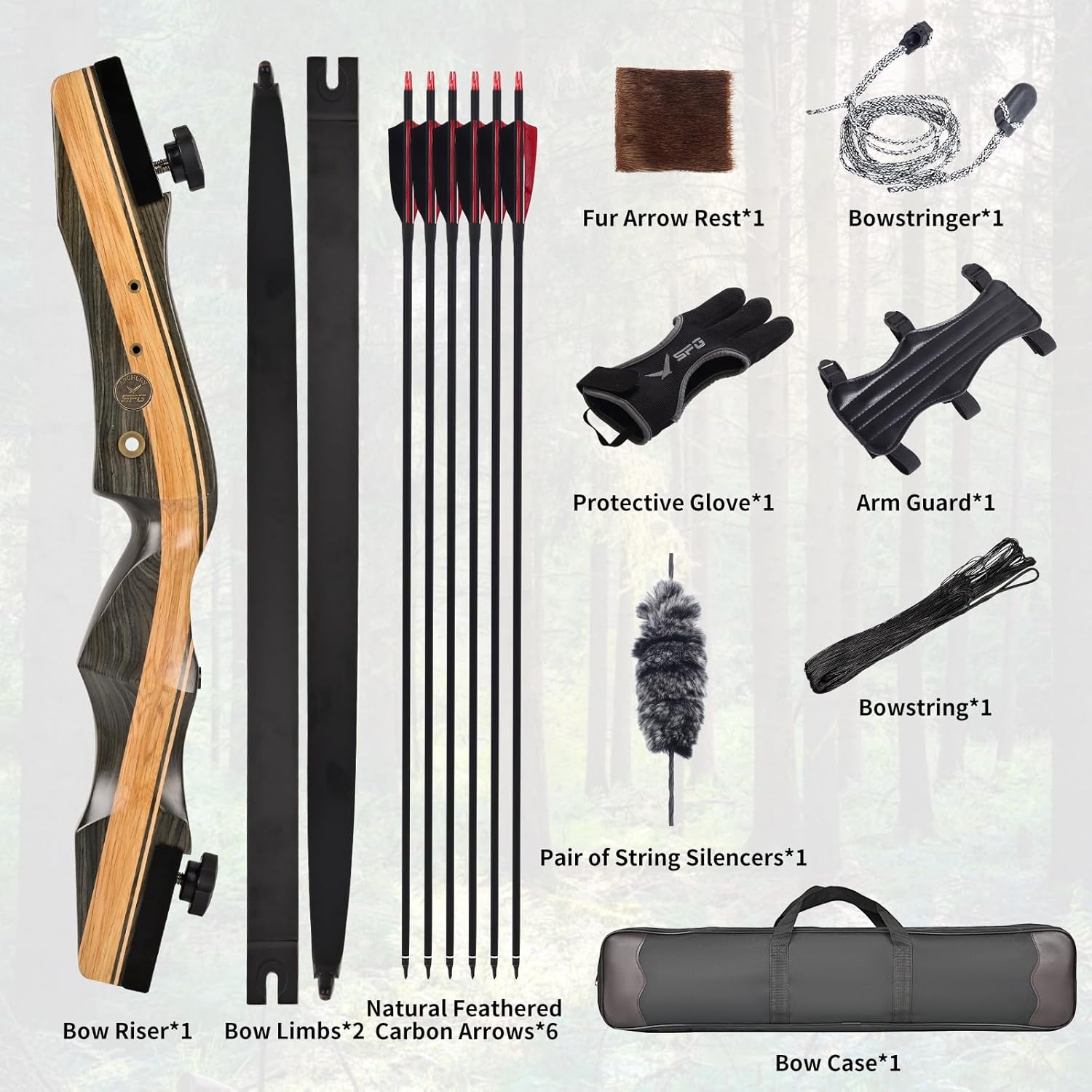 SPG Archery Wooden Bow and Arrow Set for Adults, Fast Installation 62'' Hunting Bow Arrow Archery Set, 30-50 Lbs Right Handed Takedown Recurve Bows Hunting Kit Package