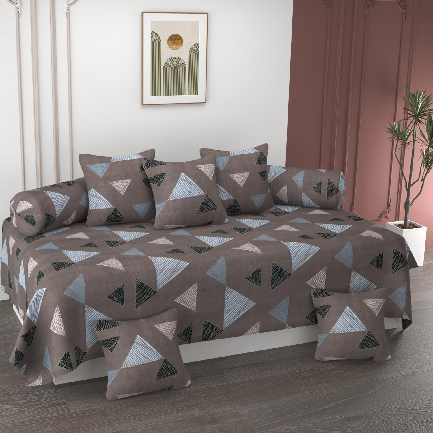 Premium Cotton Diwan Set 8 Pieces,1 Single bedsheet Size 60x90inch, 5 Cushions 16 x 16 inch Covers with Zip and 2 Bolster Covers (Design-8, 60'' x90'' inches Flat)-image-28