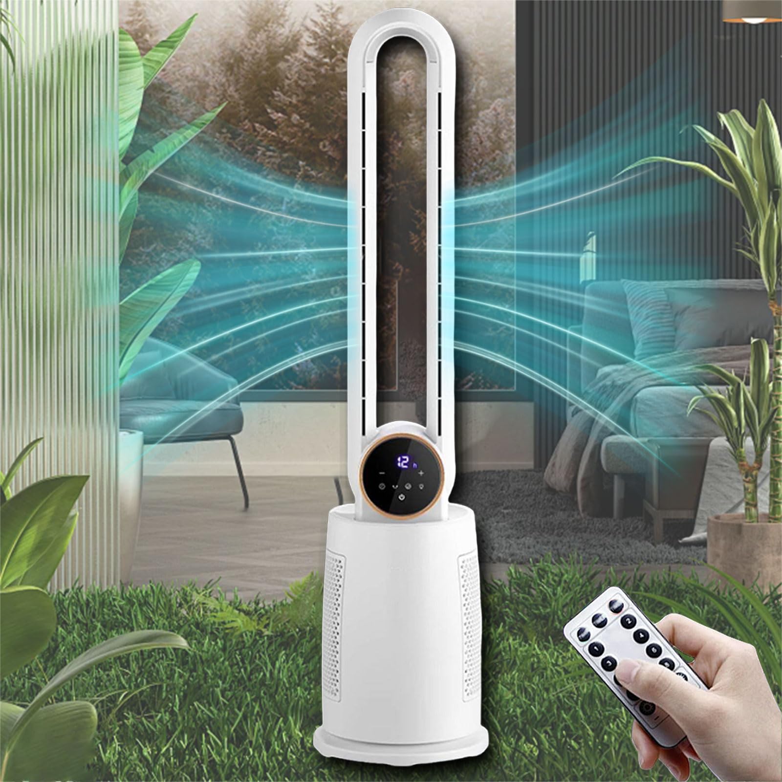 Ventilador de torre sin aspas, enfriador de aire oscilante interior con control remoto, filtro de aire, temporizador de 12 horas, luz nocturna, 12 ajustes de velocidad para el hogar y la oficina