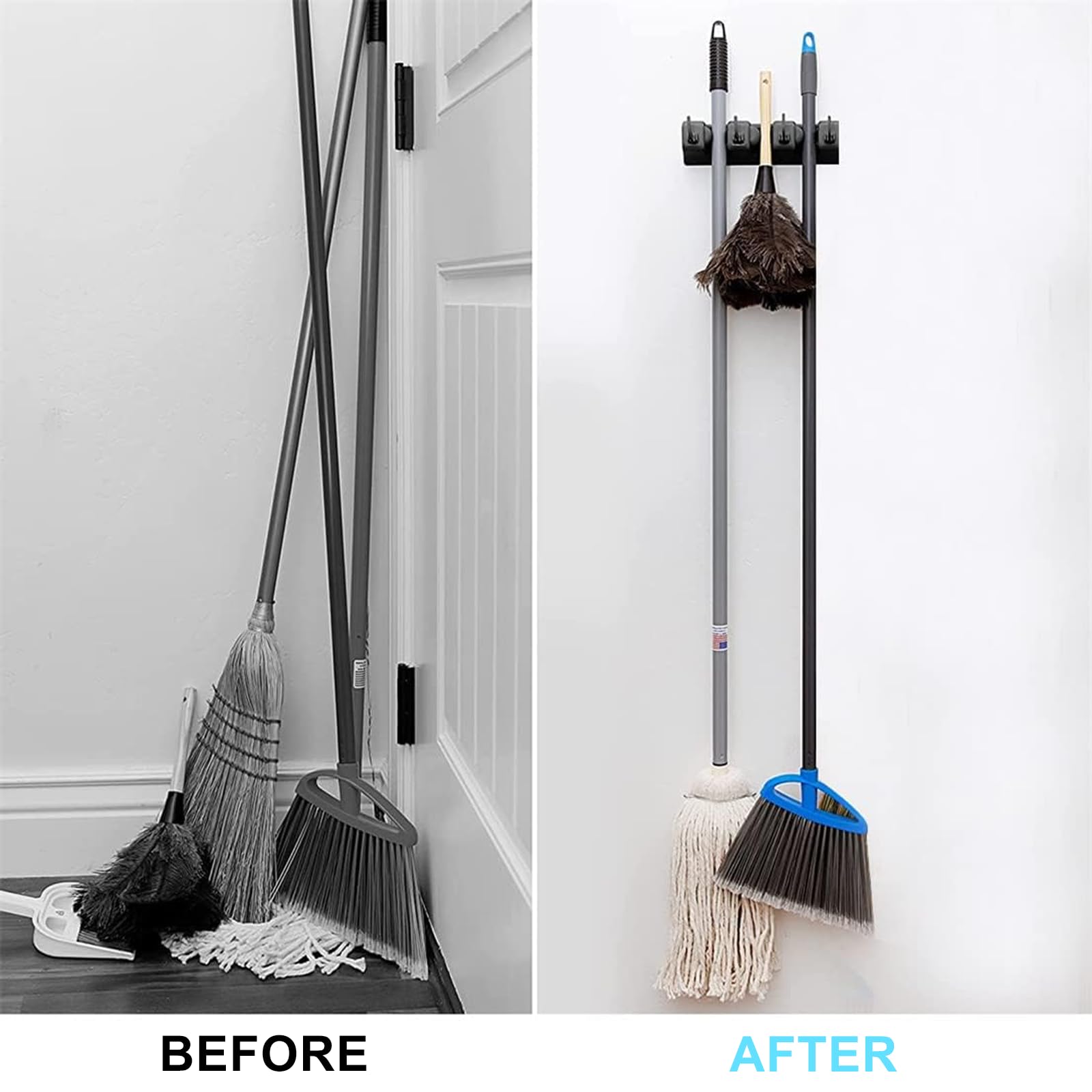 Soporte de pared para escoba y trapeador, colgador de ganchos para trapeadores y escobas, kit organizador con 3 ranuras y 4 ganchos, perfecto para casa, baño, lavandería, jardín, sala de 2