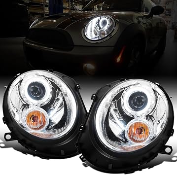 Ronnin - Fits 2007-2015 Mini Cooper R55 R56 R57 R58 R59 Upgraded LED Halo Rim Projector Headlights Assembly Pair | Chrome