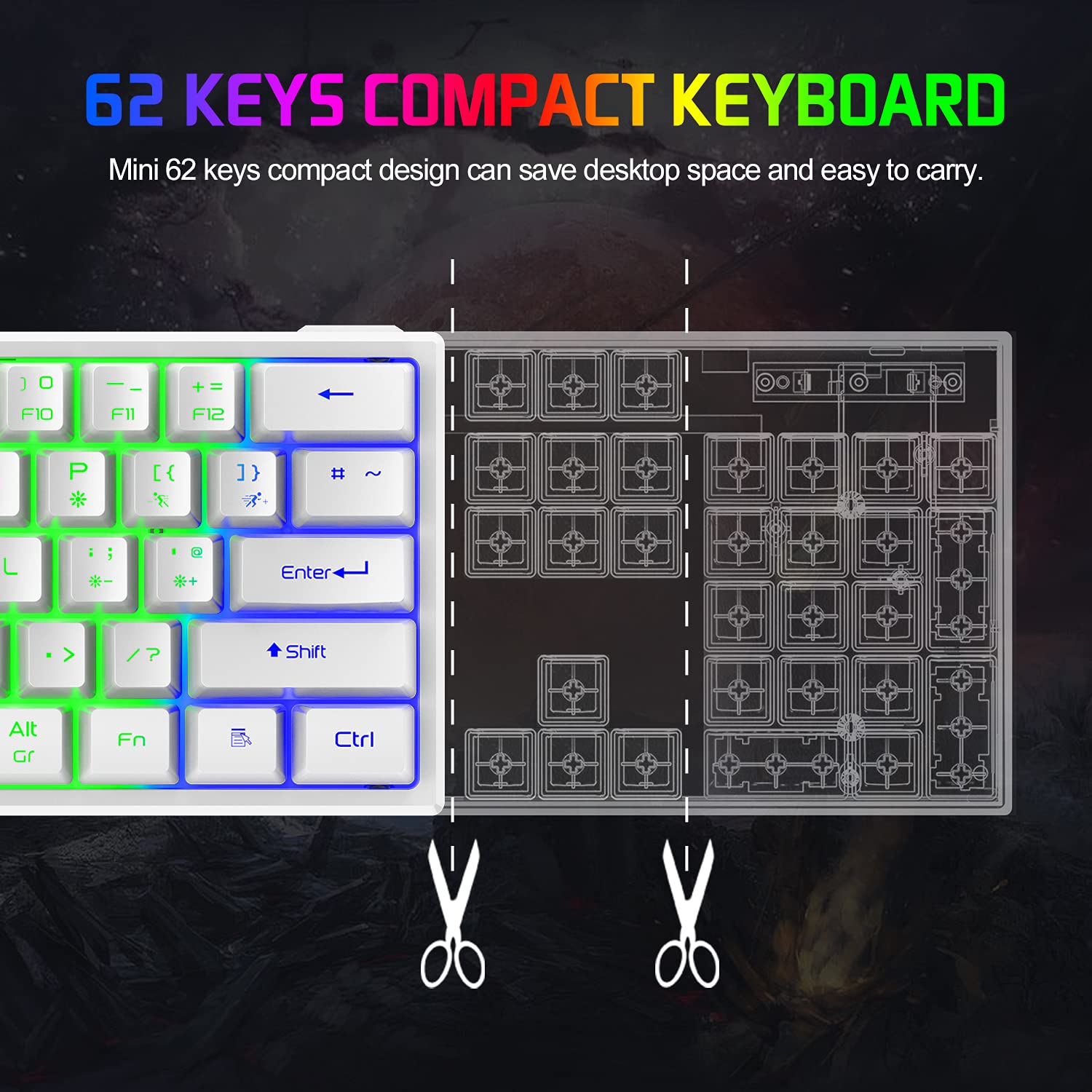 Tastiera e Mouse da Gioco RGB Layout QWERTY USB Cablato 60% 62 tasti Mini Gaming Keyboard Portatile 7 RGB LED backlit +2400 DPI Mouse ultraleggero Guscio a nido d'ape + Tappetino per mouse-Bianco