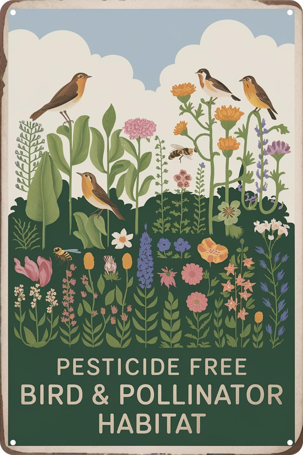 SMAZDFXX Pesticide Free Bird Pollinator Habitat Vintage Funny Metal Tin Sign For Outdoor Farm Garden Yard Art Decor Plaque Wall Art Poster 8"x12"