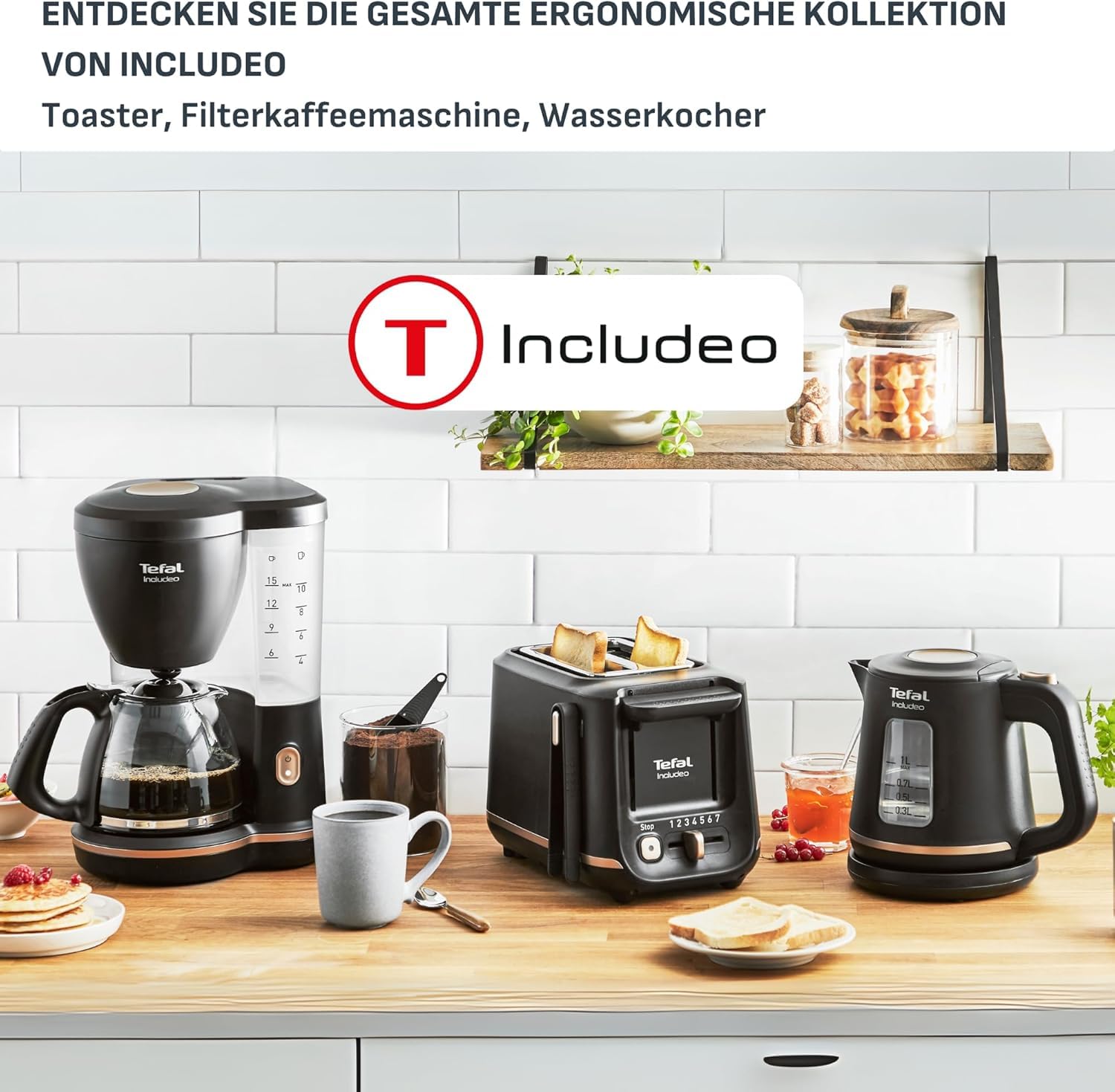 Tefal Includeo Frühstücks-Set Toaster 7 Bräunungsstufen Wasserkocher 1L schwarz