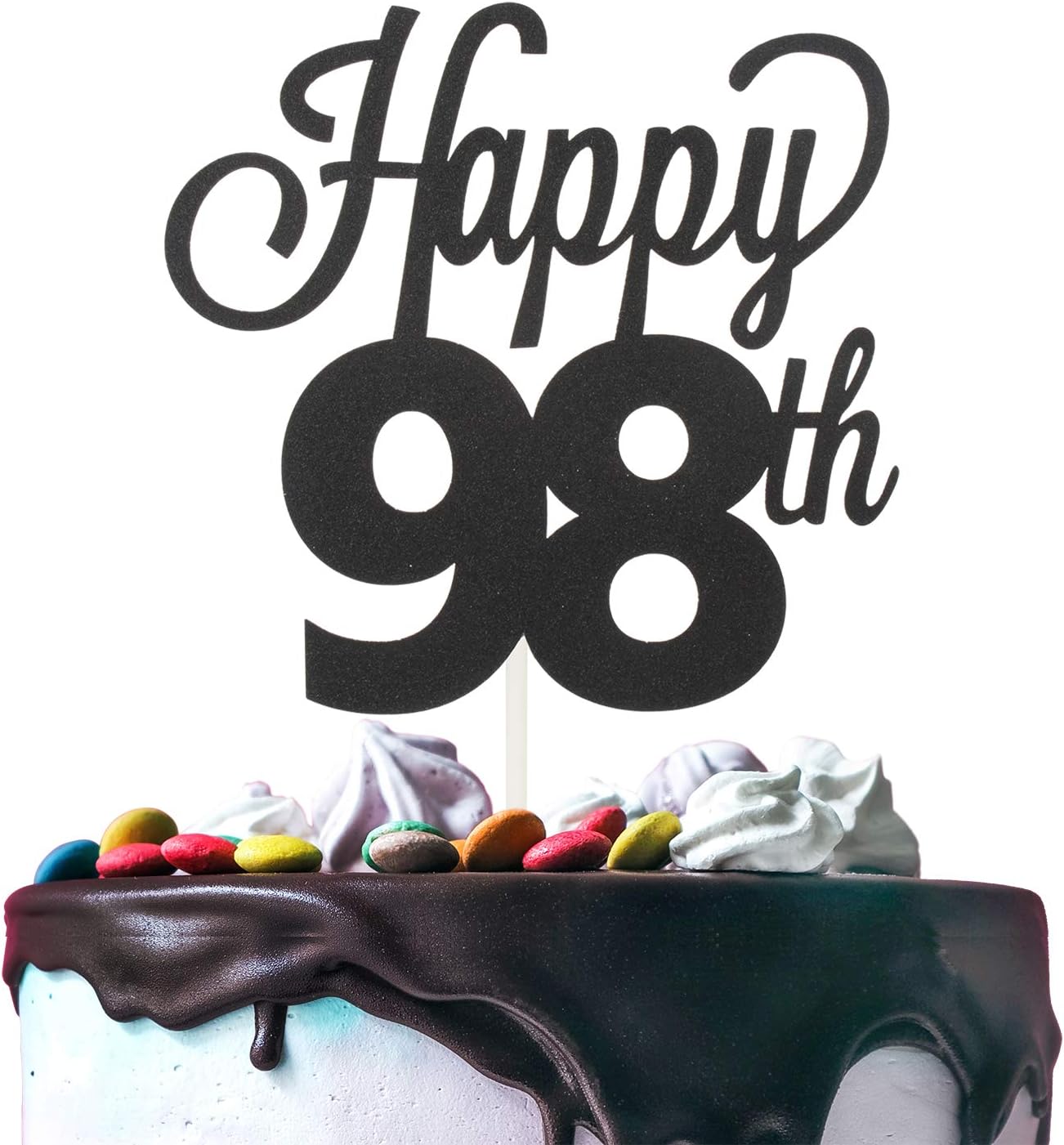 LINGTEER Happy 98th Birthday Black Cake Topper - Cheers to 98th Birthday 98 Years Old Birthday Party Gift Decorations Sign.