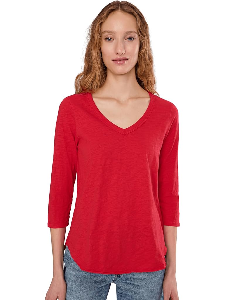 Red Mod-o-doc 3/4 Sleeve V-Neck Tee with Curved Hem
