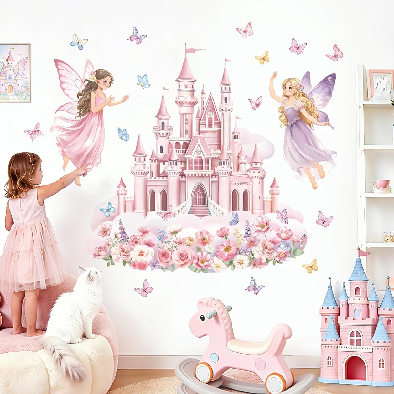 Fairy Princess Castle Wall Stickers, Pink, Butterfly Floral Decor for Girls' Bedroom, Nursery Room Decal-image-37