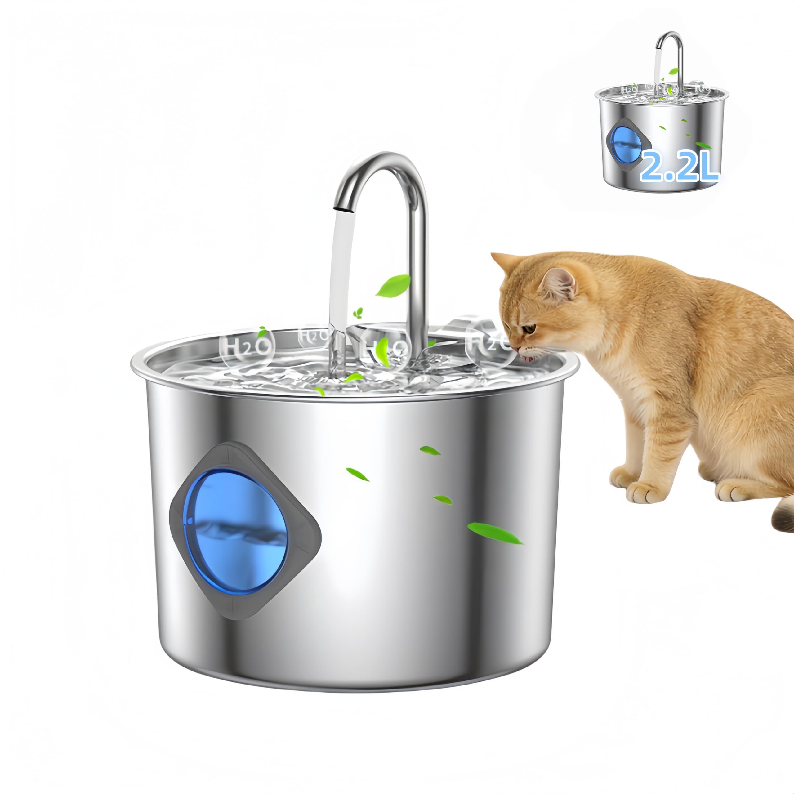 KUNEM Fuente de Agua para Gato 2.2L — 304 Acero Inoxi Bebedero para Gato