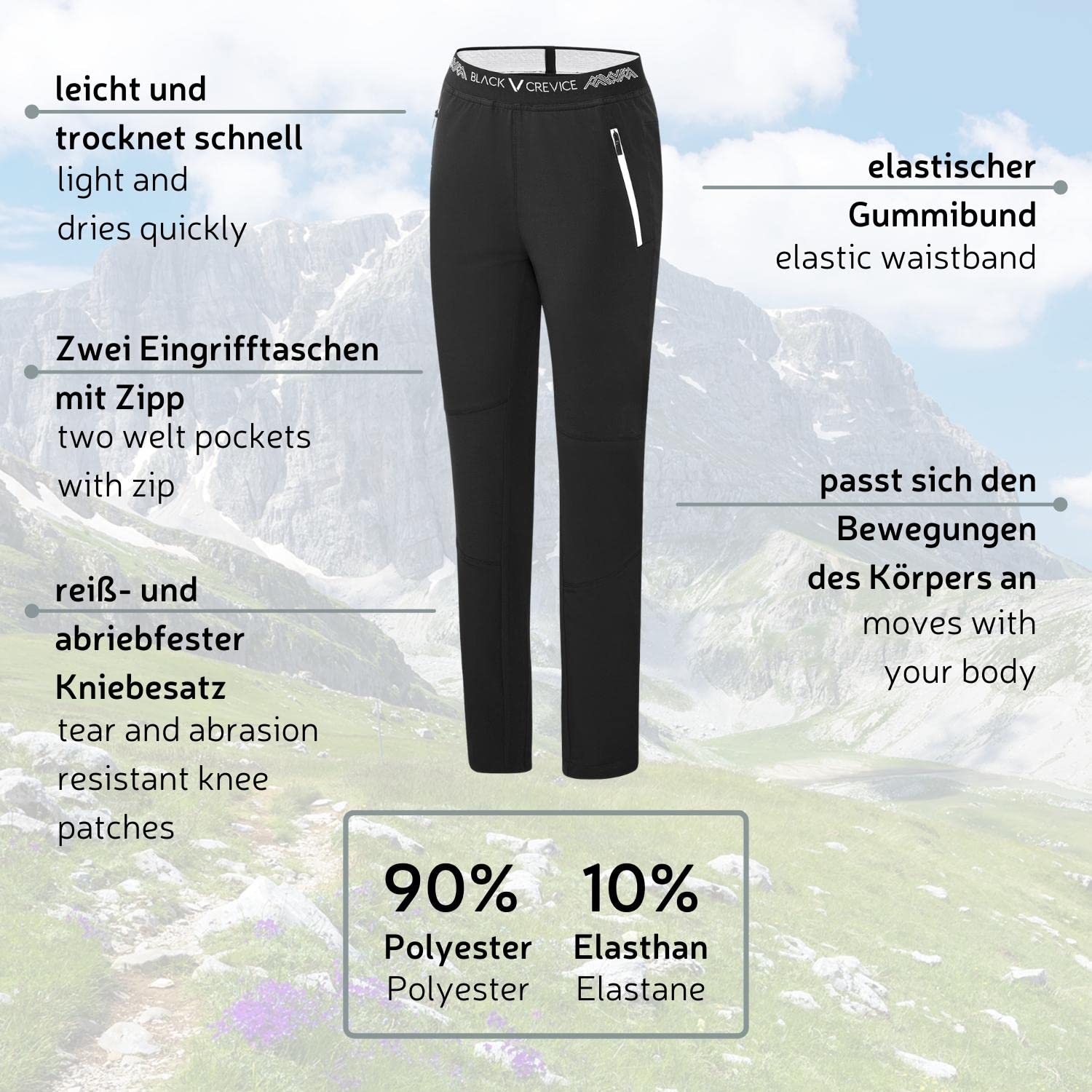 Black Crevice Damen Outdoor Hose I Hochwertige Wanderhose aus 90% Polyester & 10% Spandex I Wasserabweisende Outdoorhose Damen I Atmungsaktive Trekking-Hose Damen mit elastischem Bund