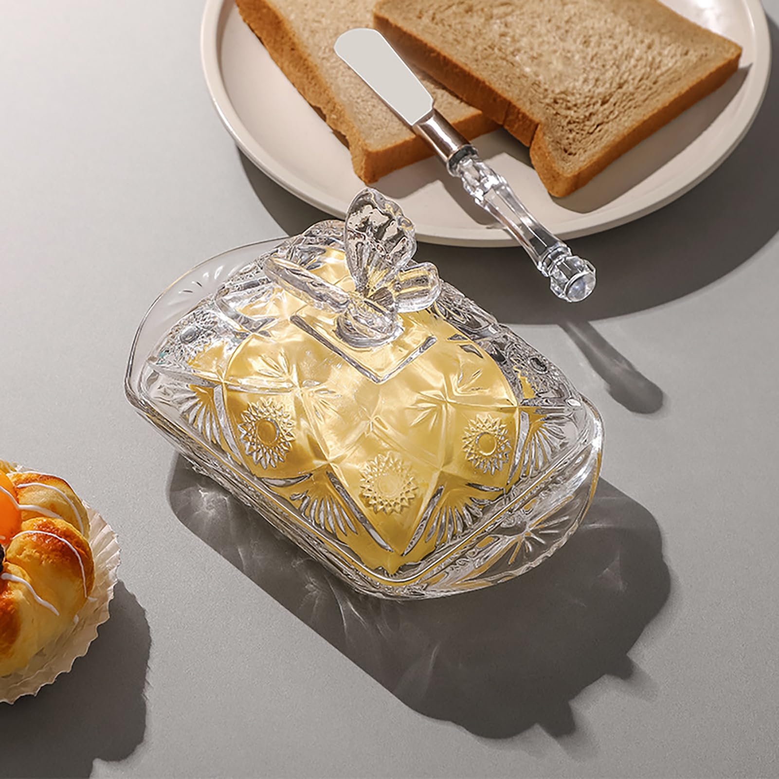 Plato de Mantequilla de Vidrio, Soporte para Mantequilla con Cuchillo de Mantequilla de Acero Inoxidable Recipiente para Mantequilla con Tapa Cubierta de Cristal para Pastel Queso
