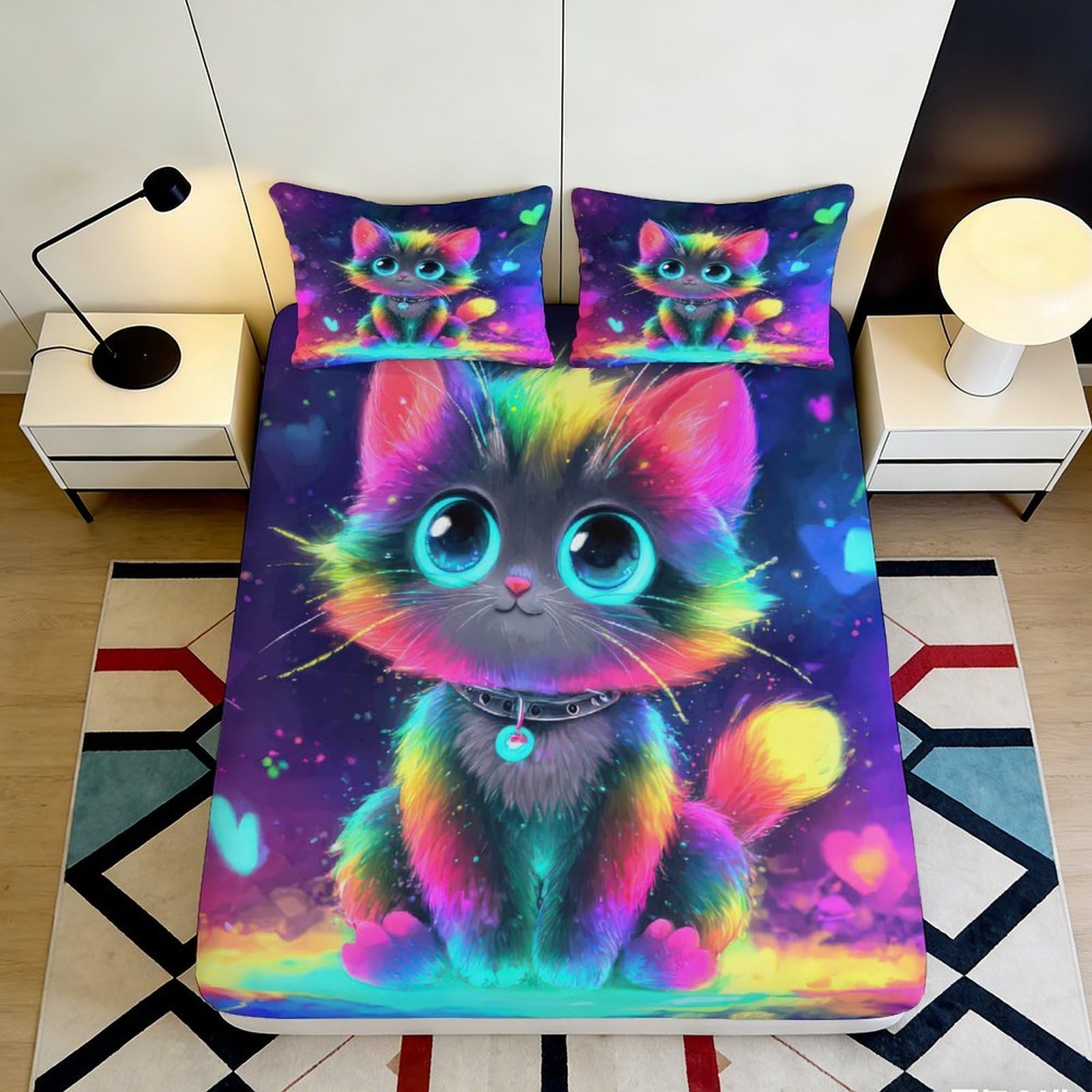 3D Printed Rainbow Cat Fitted Sheet Microfiber Soft Colorful Kitten Mattress Cover for Bedroom Dorm Easy Care 120x200x25cm