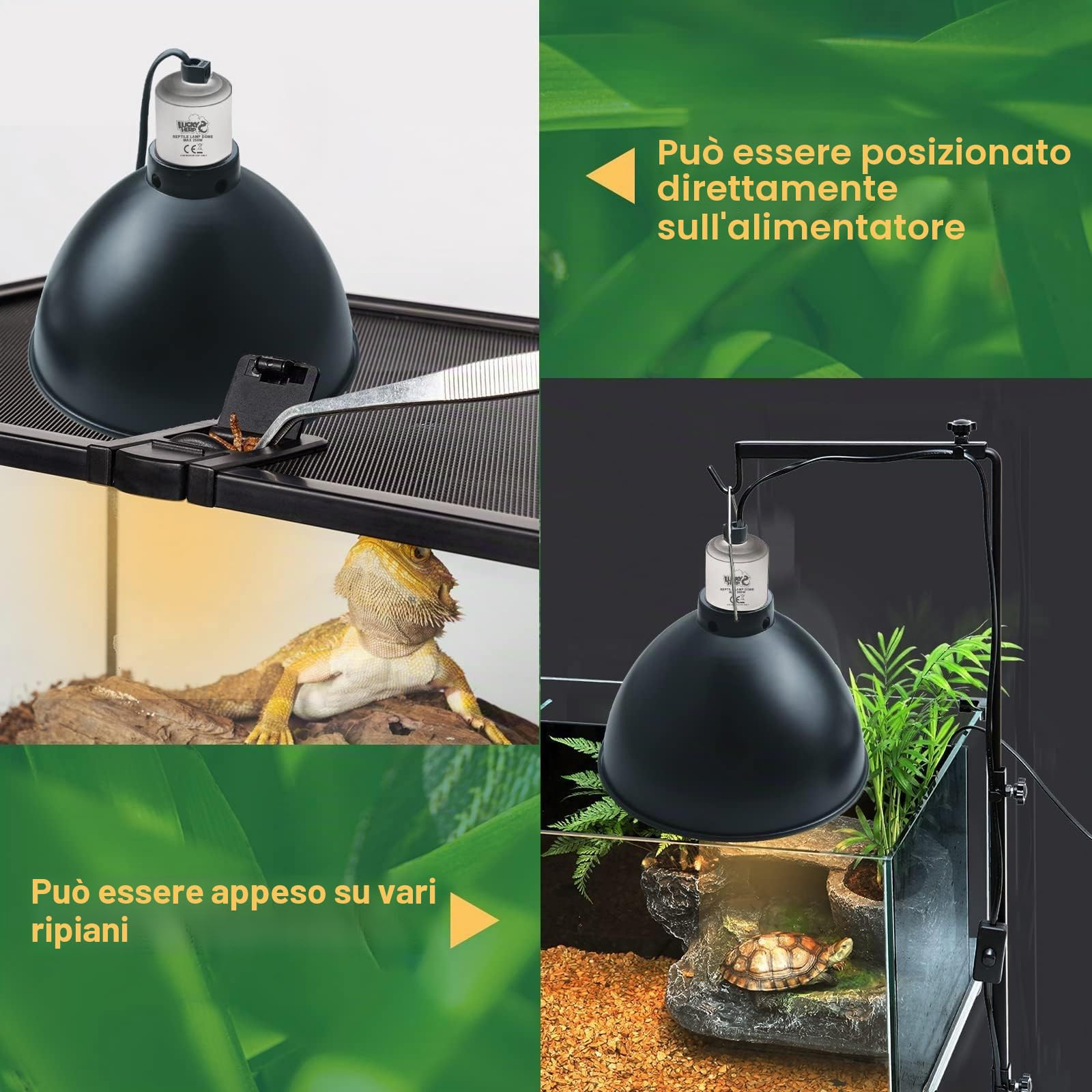 LUCKY HERP Portalampada Riscaldante per Tartaruga, Lampada Frontale per Rettili UVA UVB, Paralume Potenza Massima 250W Adatta per Rettili e Mammiferi