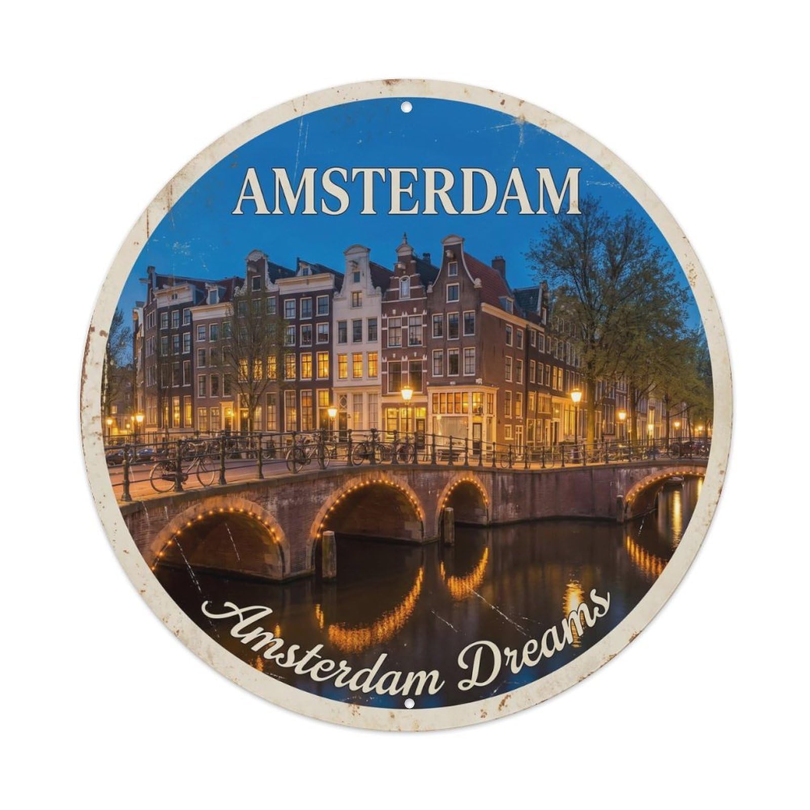 Vintage Travel Amsterdam Blue Hour Metal Tin Sign Plaque Wall Decor for Cafe, Club, Garden Round Metal Poster 8x8Inch