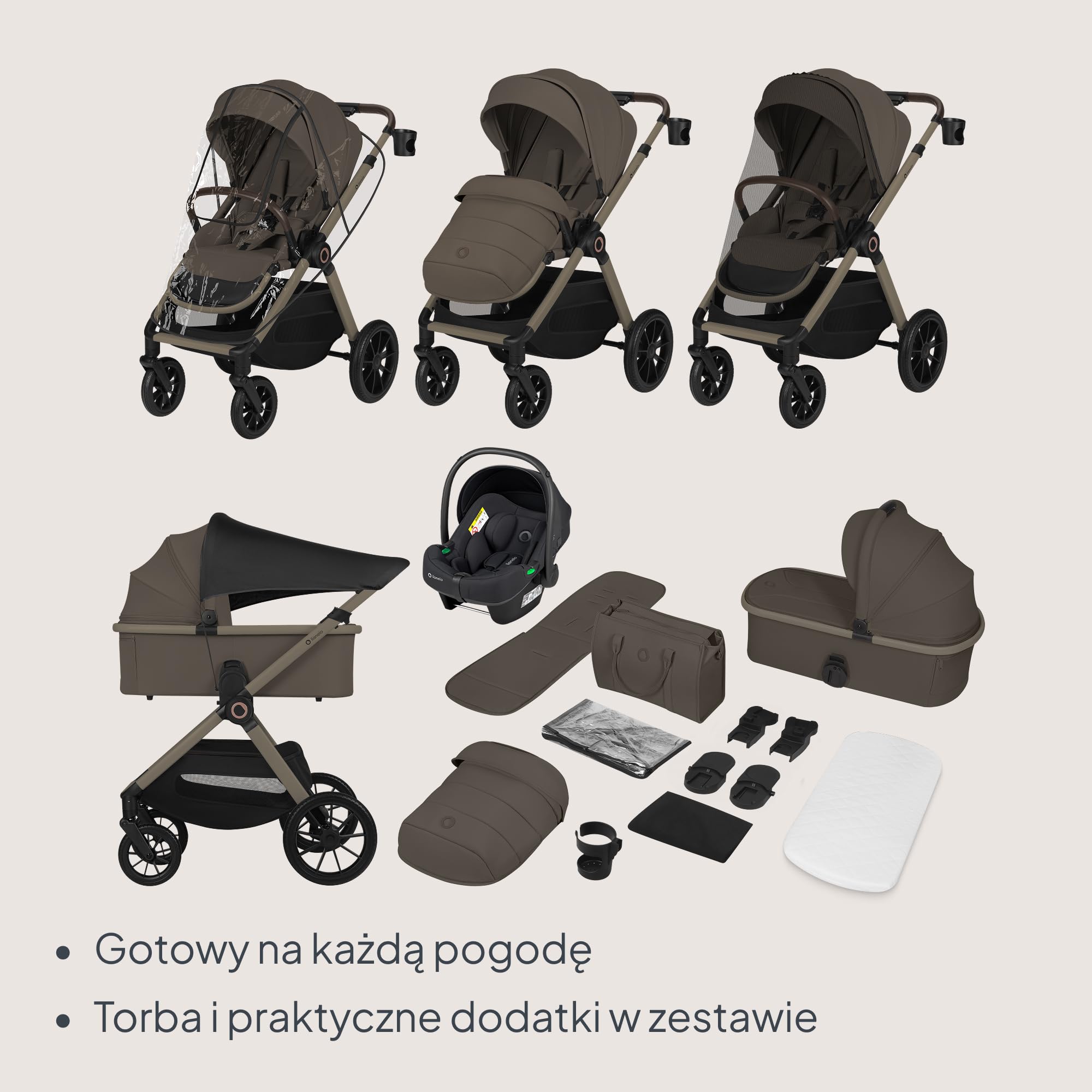 Lionelo Layla Wózek dziecięcy 3 w 1 (0-4 lata, 0-22 kg), zestaw systemów podróżnych z fotelikiem dla niemowląt, rozmiar I 40-87 cm, wanienka dla niemowląt i fotelik sportowy, pozycja leżąca