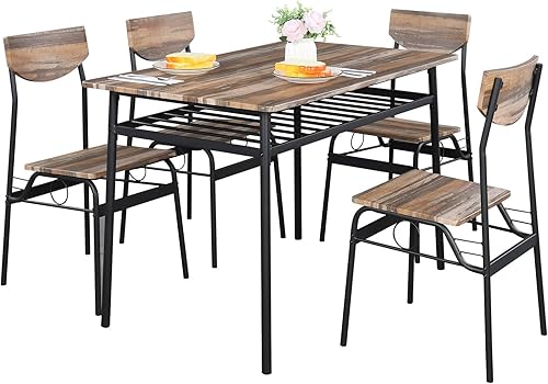 Miniatura 1 de KEPOOMAN Juego de mesa de comedor de 5 piezas, mesa de cocina de metal y madera con estante de almacenamiento y 4 sillas, sillas de cocina