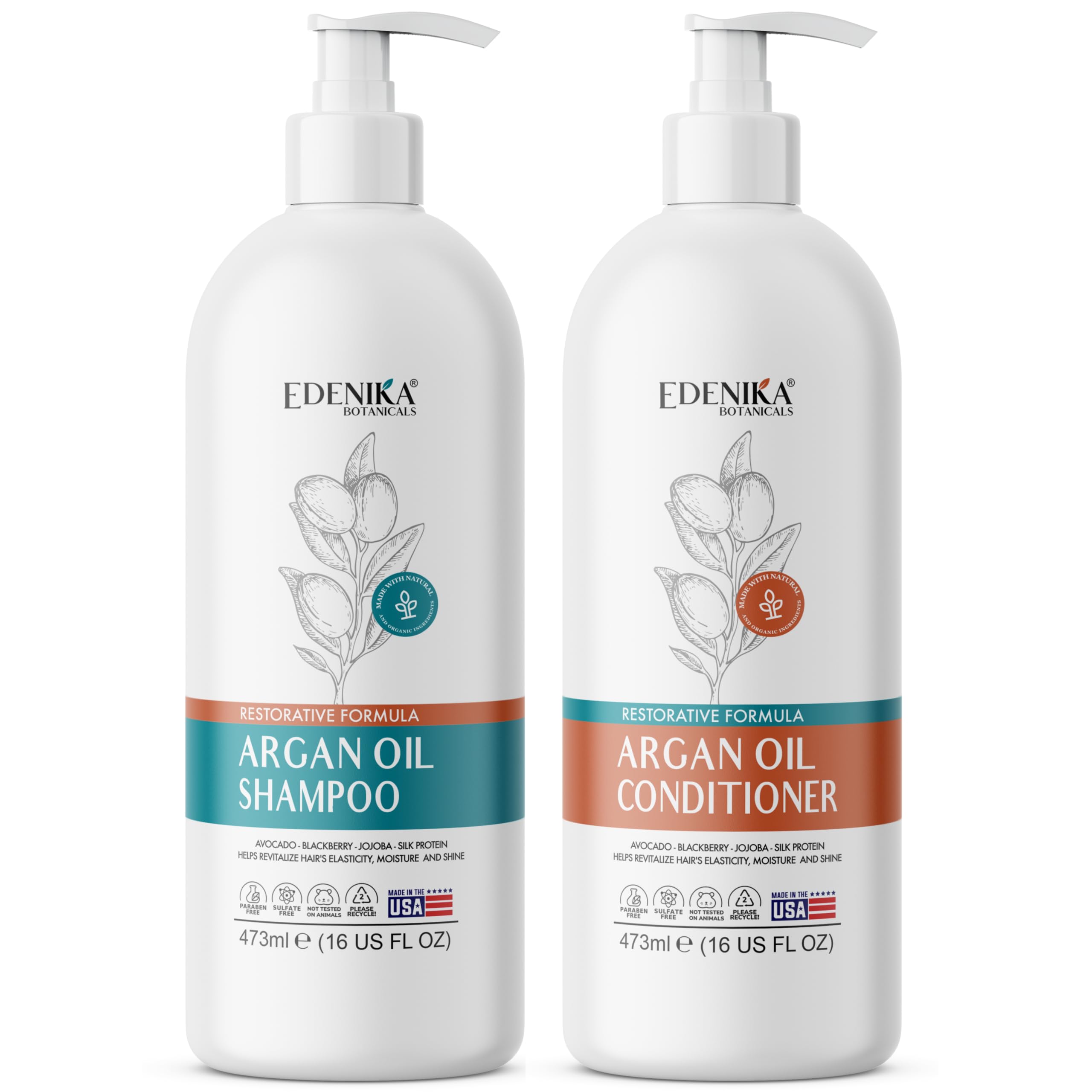 Argan Oil Shampoo and Conditioner Set with Biotin, Repairs Dry & Damaged Hair, Deeply Hydrating & Nourishing, Women & Men, Sulfate-Free, Organic, 16 fl oz Each