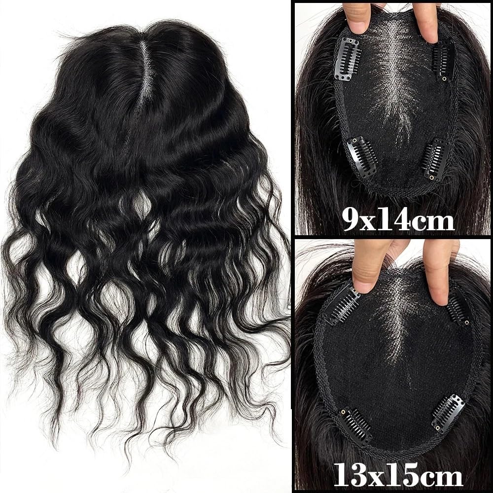 Topper di capelli umani ondulati per donne con capelli dirassanti, invisibile, 9 x 14 cm, retina svizzera fatta a mano (30,5 cm)