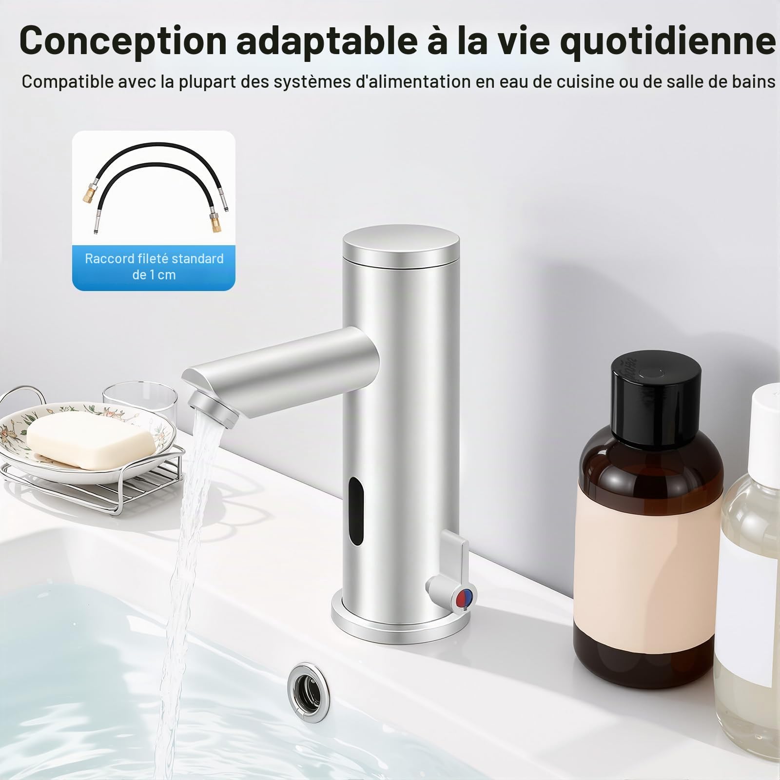 Robinet à capteur, robinets automatiques, robinets sans contact, robinets de salle de bain à capteur, robinets monocommande de salle de bain, fonctionnement sur batterie.