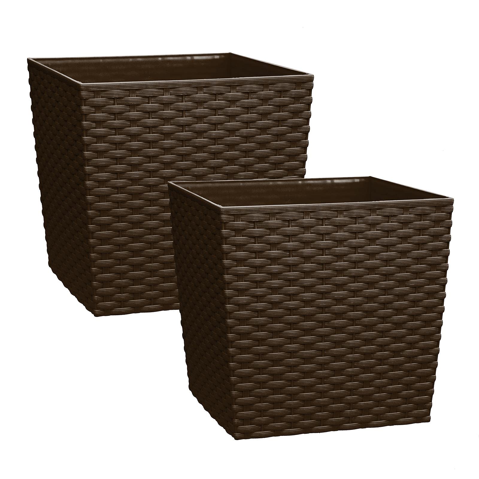 Simpahome 10L Cubie Rattan Plastic Planters - Brown, Set of 2 Pots - 22cm Square