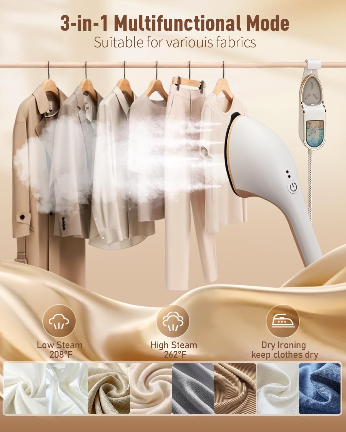 Professional 3-in-1 Garment Steamer & Iron, 1500W with Leak-Proof Tech, 30s Heat-Up, Large 330ml Tank, Includes Heat-Resistant Glove & Brush (For Home & Closet, 120V)