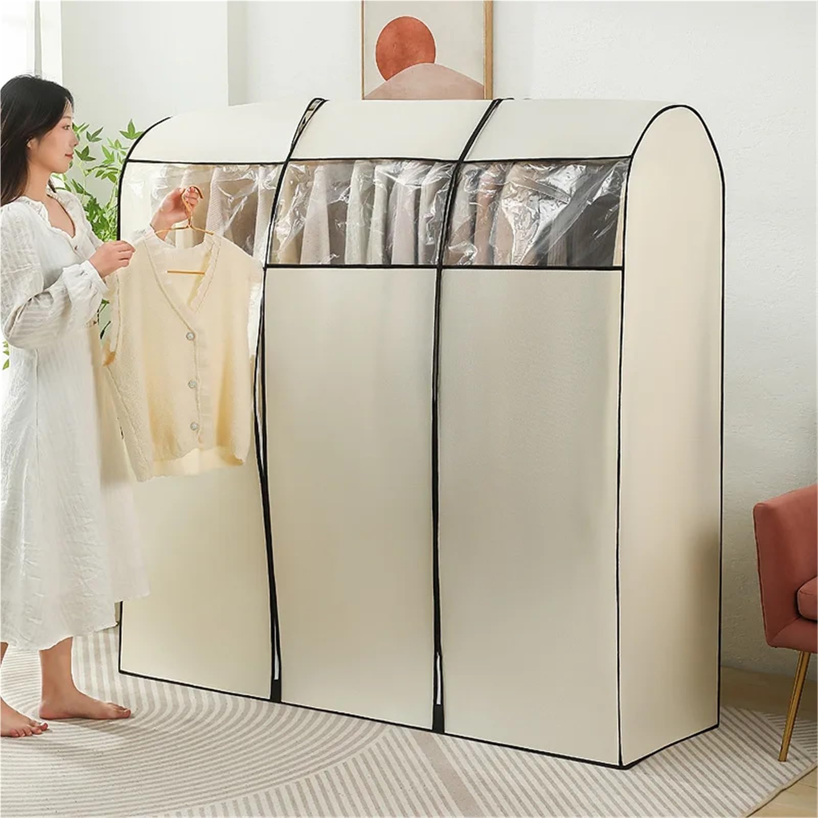Kleiderbügel-Abdeckung Graue, atmungsaktive Kleidersäcke aus Vliesstoff for Aufhängen | Aufbewahrungstasche für Schlafzimmer, gut versiegelt, Bodenaufhänger, Staubschutz, Schrank (Beige, XXL (100 x 50 x 150 cm)