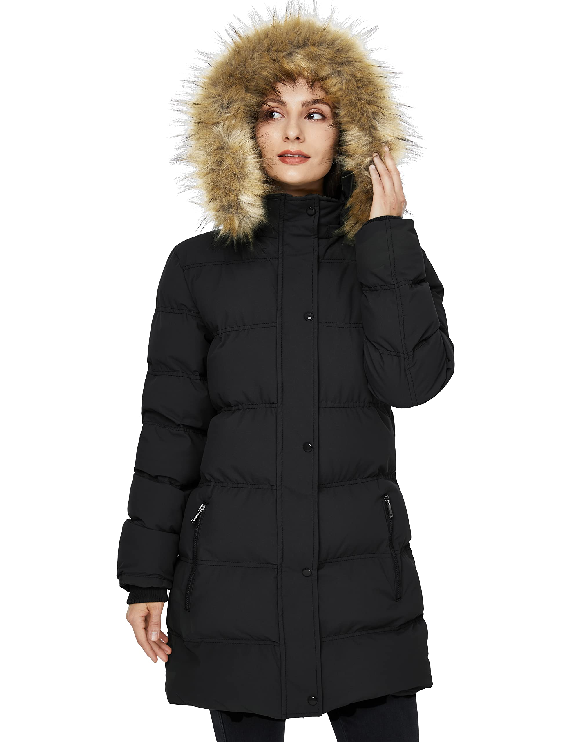 WenVen Women's Winter Puffer Coat Insulated Long Jacket with Faux Fur Hood (Black,3XL)