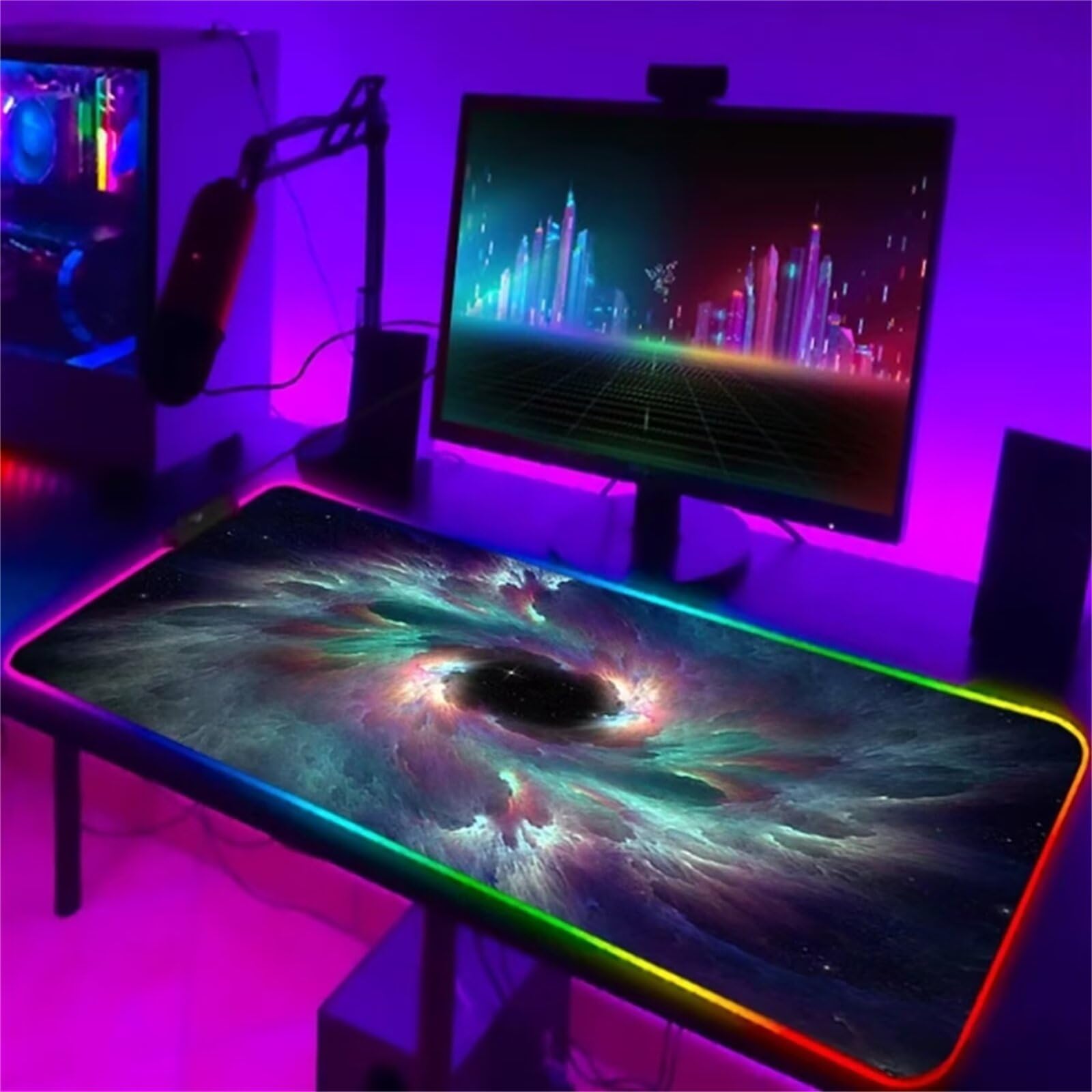 Tapis de Souris RGB Nébuleuses XXL Grand 900x400x4mm 7 Couleurs 14 Modes D'éclairage Tapis de Souris de Jeu LED avec Base en Caoutchouc Antidérapant pour Clavier PC