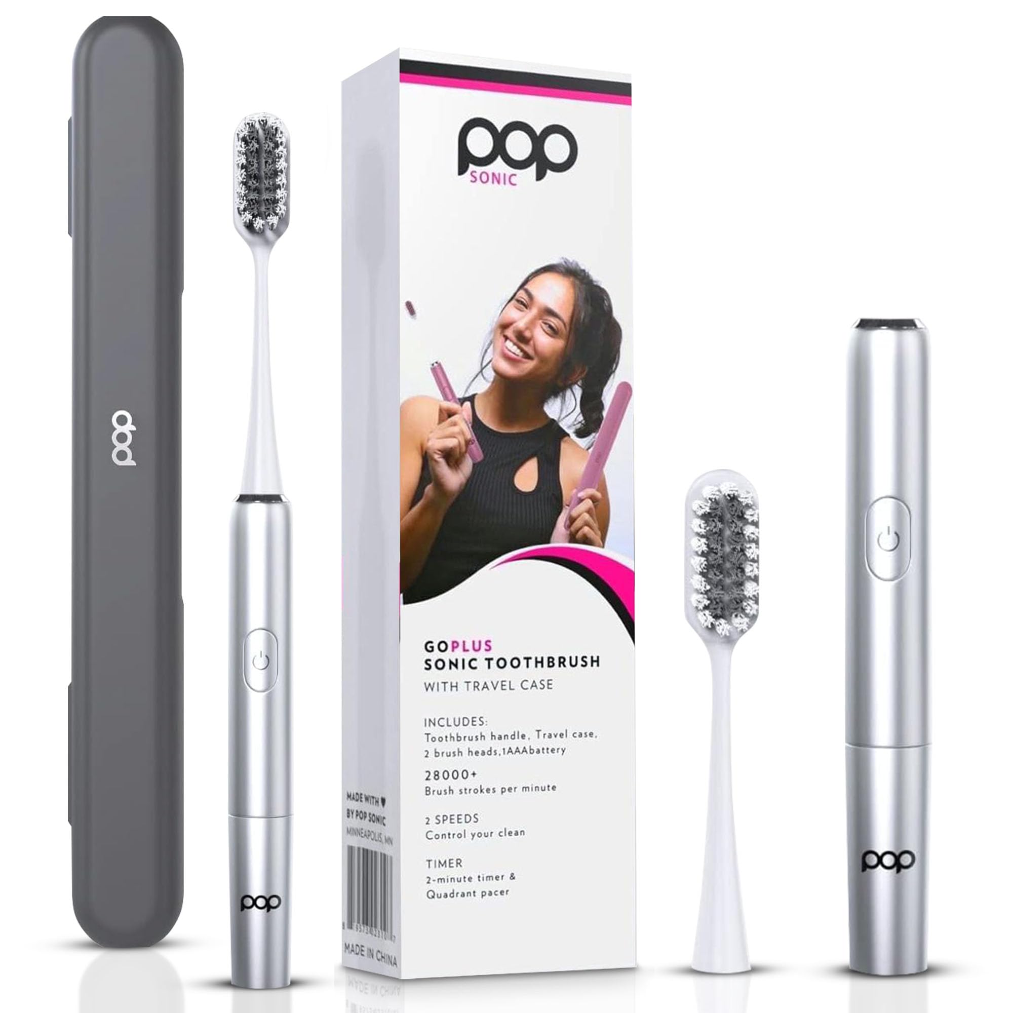 Pop Sonic Go Plus Toothbrushes for Adults w/Electric Toothbrush Case - Electric Toothbrush for Adults & Kids - Toothbrush w/ 2 Speeds - 18000-24000 Vibrations Per Minute (Silver)