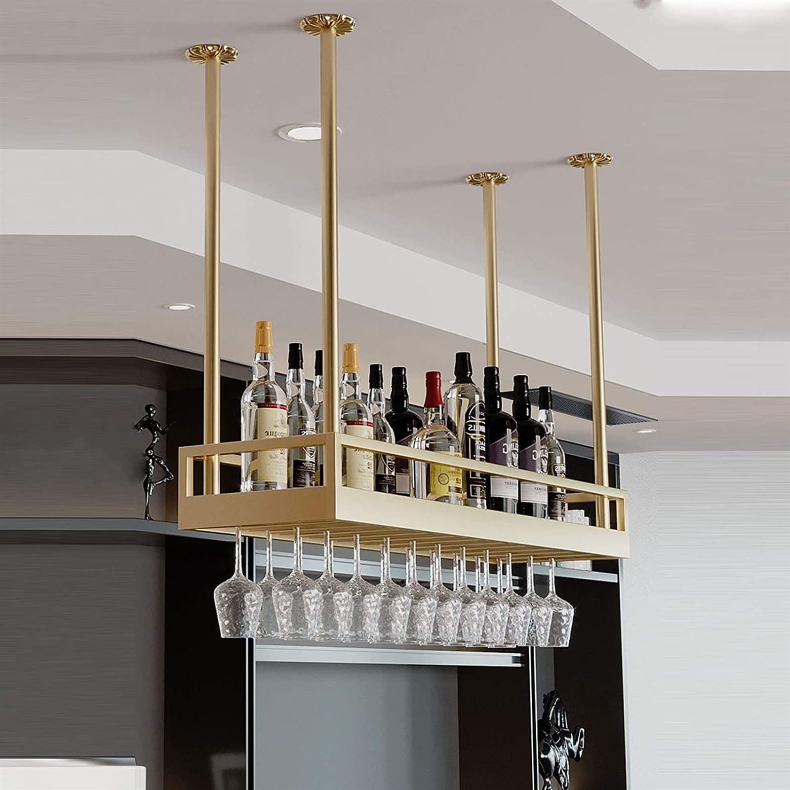 Casier à vin réglable en hauteur avec porte-gobelet suspendu au plafond or