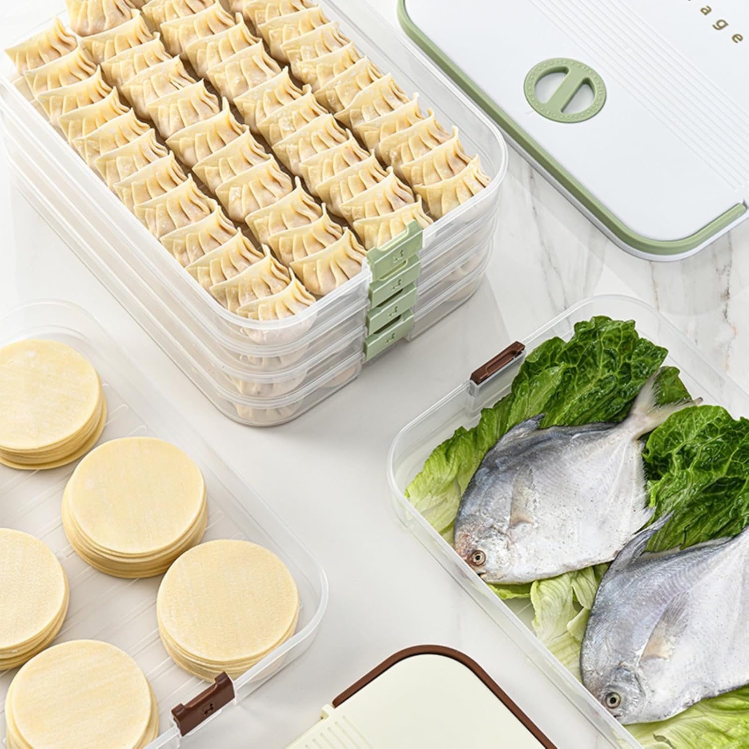 Dumplings Storage with 4 Layers, Stackable with Buckle, Lid & Handle for Cookies Wonton Donuts Box Organizer For Fridge, White-Green - Image 7